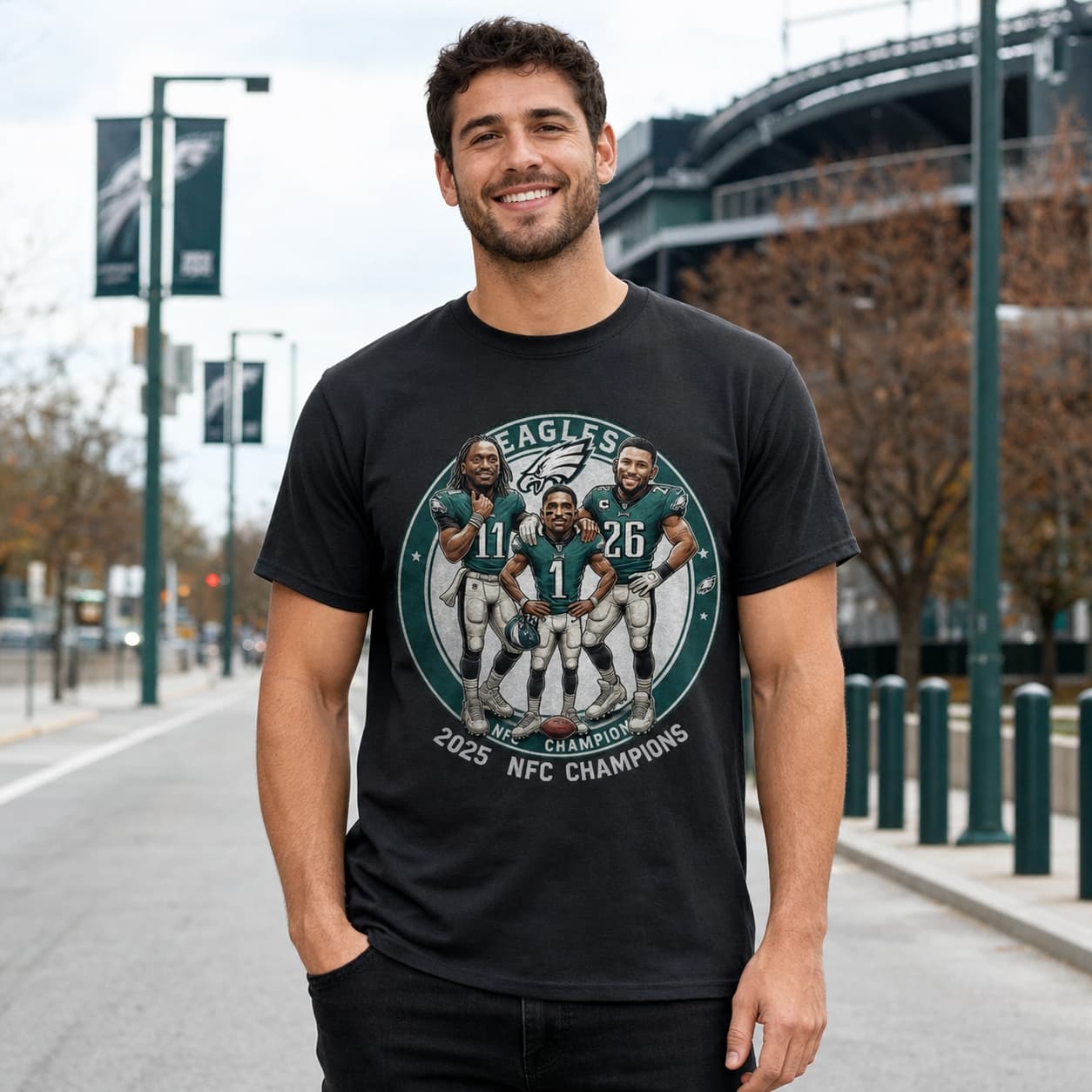 Philadelphia Eagles Jalen Hurts Saquon Barkley AJ Brown Exclusive Retro Conference Champions Football Artwork Shirt