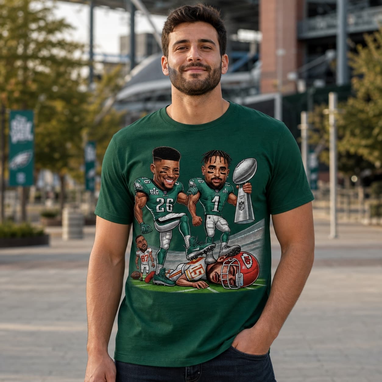 Philadelphia Eagles Saquon & Hurts vs. Kansas City Chiefs Mahomes & Kelce Exclusive Retro Rivalries Football Super Bowl Artwork Shirt