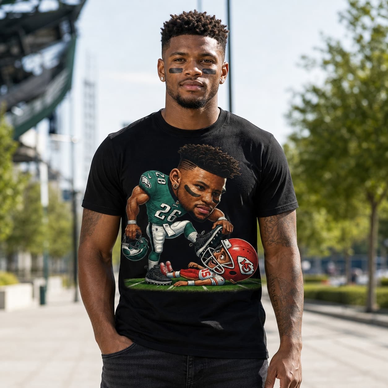 Philadelphia Eagles Saquon vs. Kansas City Chiefs Mahomes Exclusive Retro Rivalries Football Super Bowl Stomp Artwork Shirt