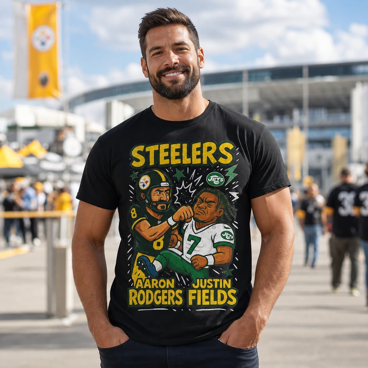 Pittsburgh Steelers Aaron Rodgers vs. New York Jets Justin Fields Exclusive Retro Rivals Football Artwork Shirt
