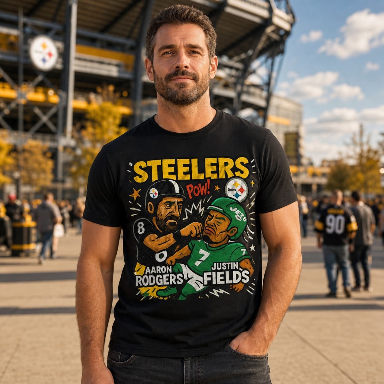 Pittsburgh Steelers Aaron Rodgers vs. New York Jets Justin Fields Exclusive Retro Rivals Football Punch Artwork Shirt