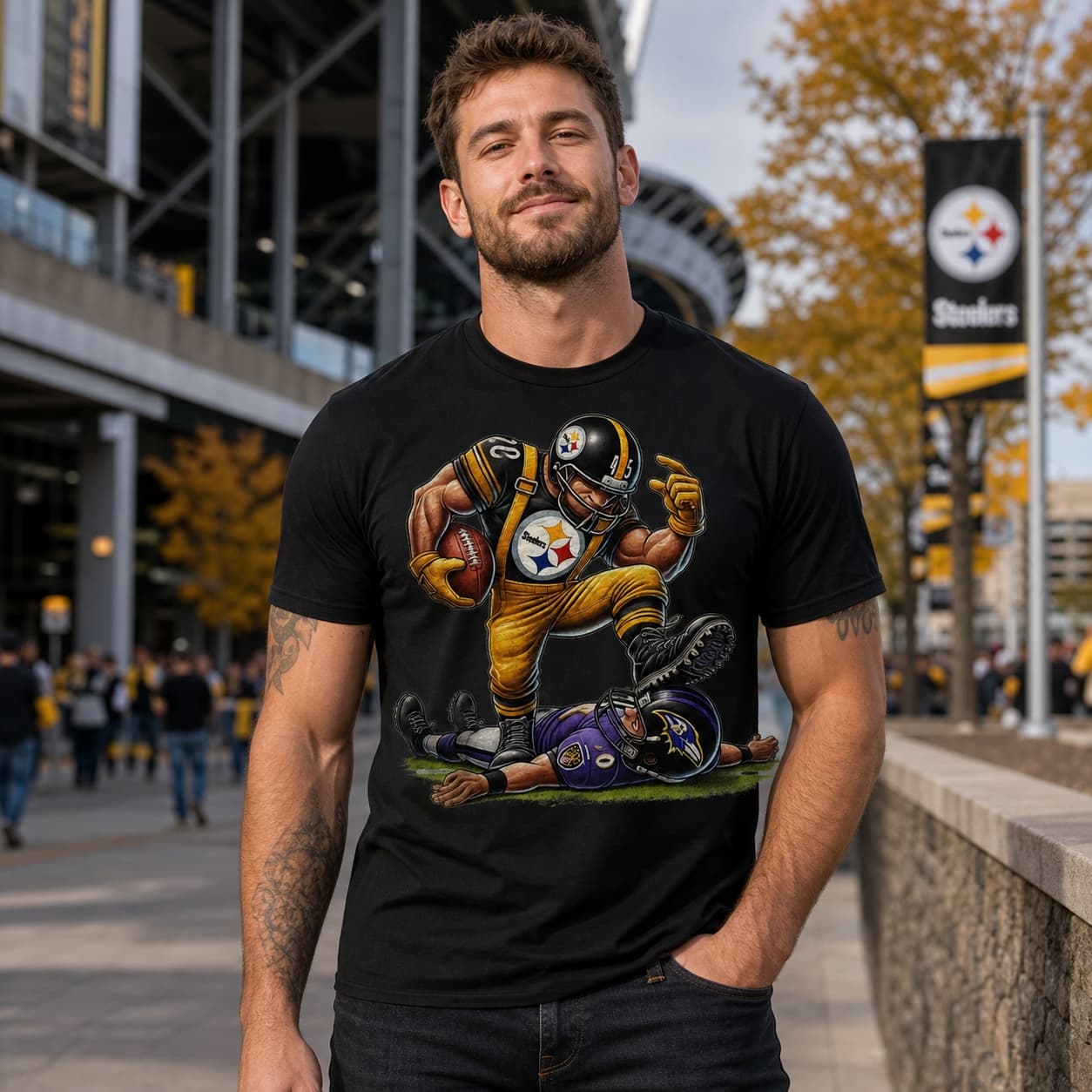 Pittsburgh Steelers vs. Baltimore Ravens Exclusive Retro Rivalries Football Stomp Artwork Shirt