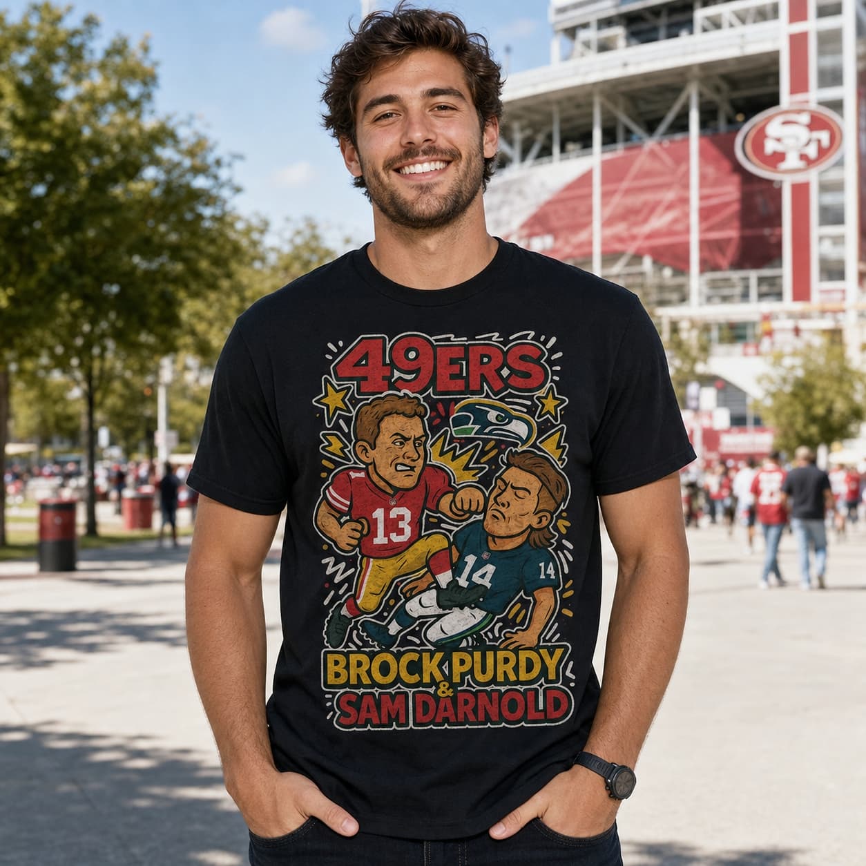 San Francisco 49ers Brock Purdy vs. Seattle Seahawks Sam Darnold Exclusive Retro Rivals Football Artwork Shirt