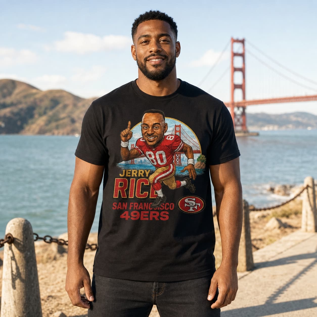 San Francisco 49ers Jerry Rice Exclusive Retro Football Bridge Artwork Shirt