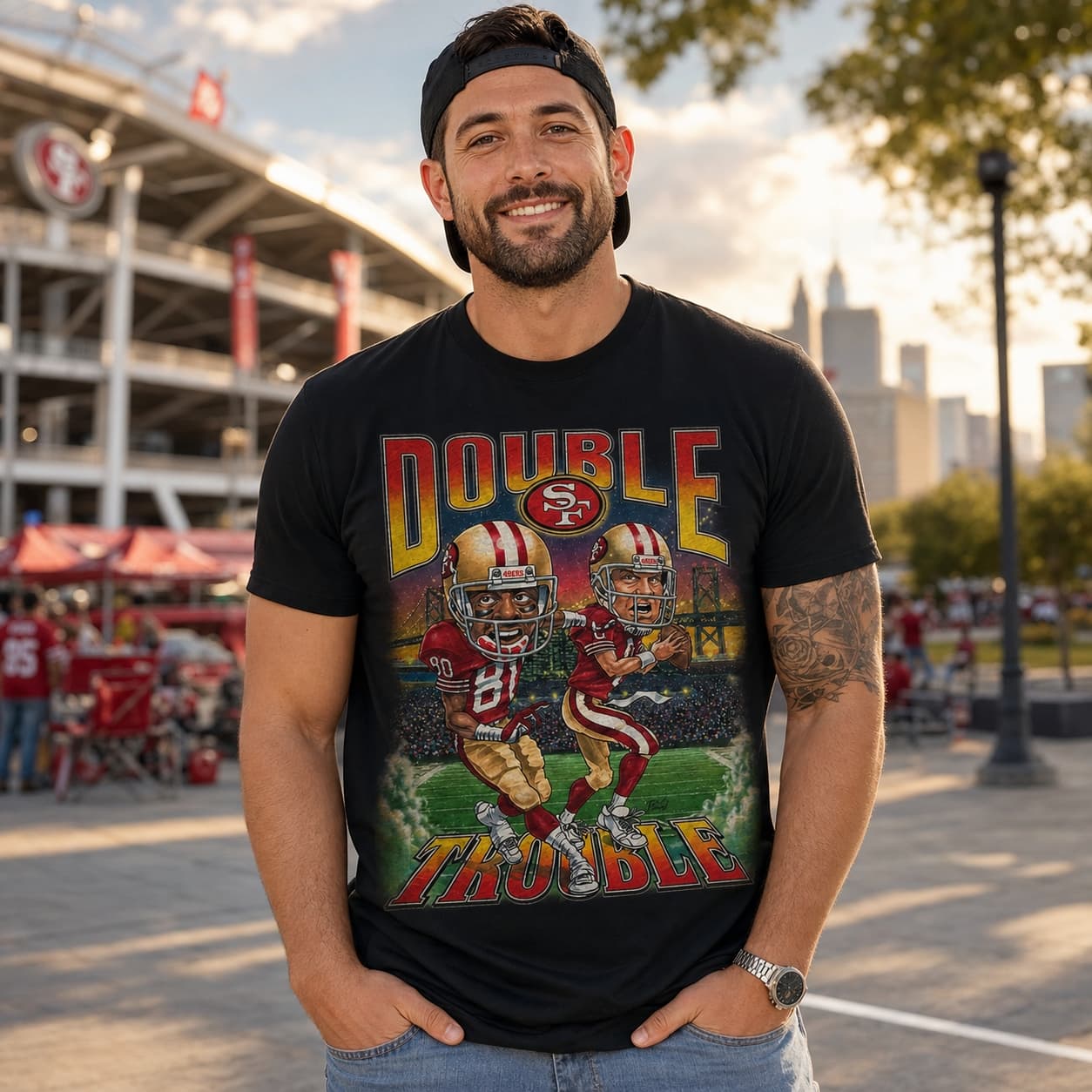 San Francisco 49ers Steve Young & Jerry Rice Double Trouble Retro Football T-Shirt