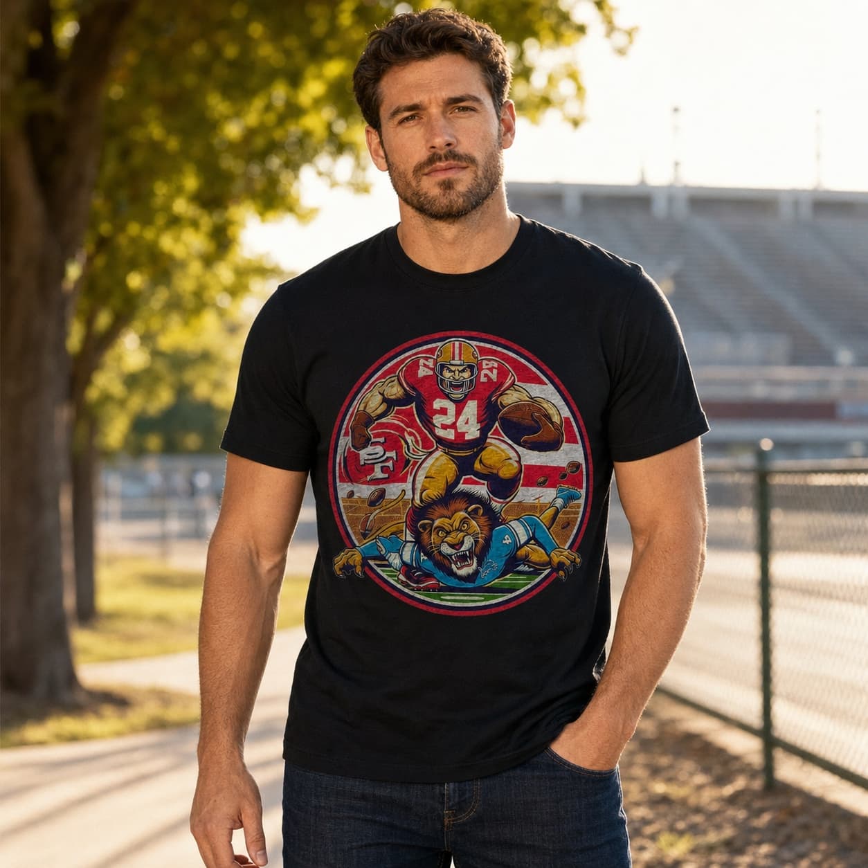 San Francisco 49ers vs. Detroit Lions Retro Rivalry Football Artwork Shirt