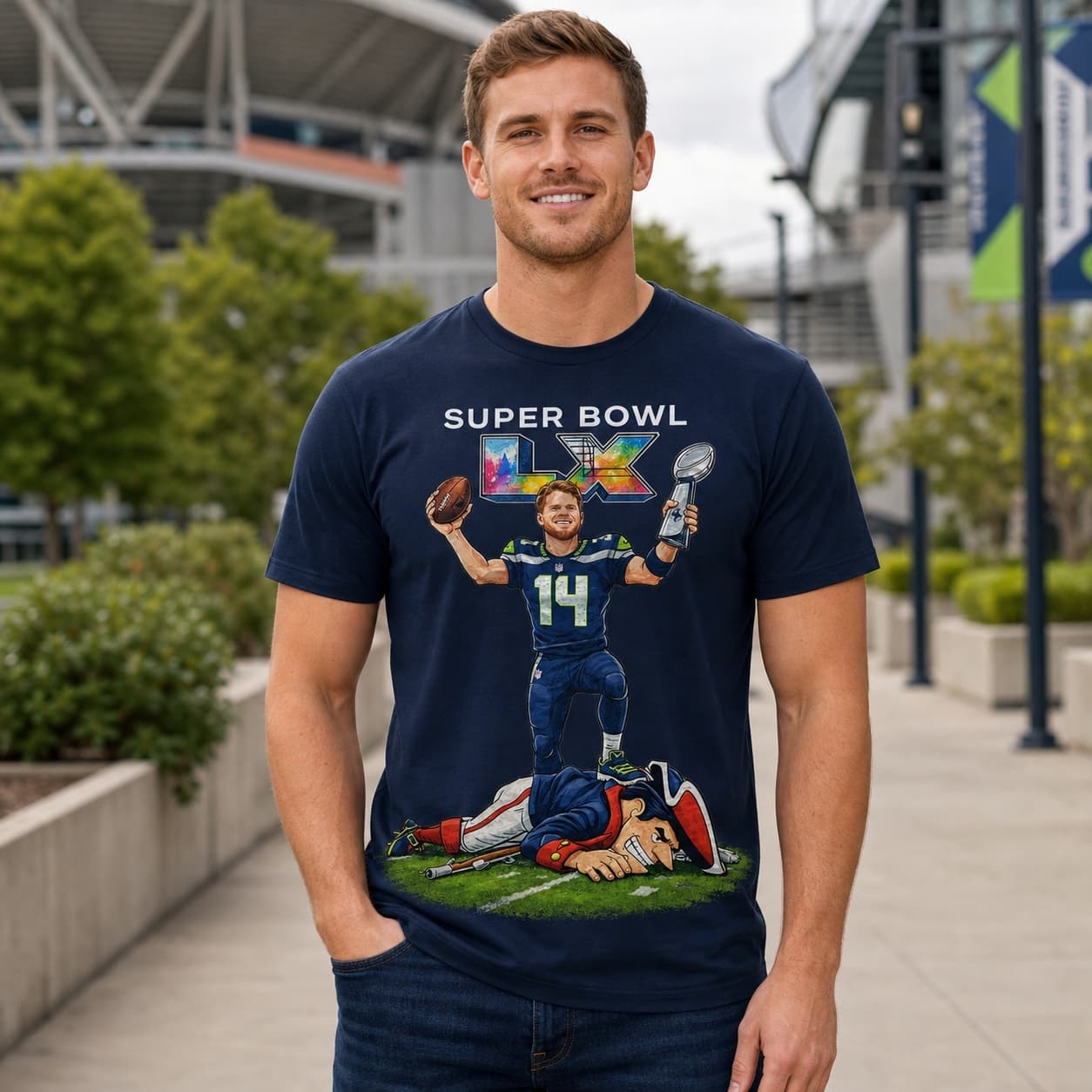 Seattle Seahawks Sam Darnold vs. New England Patriots Super Bowl LX Football Champs Artwork Shirt
