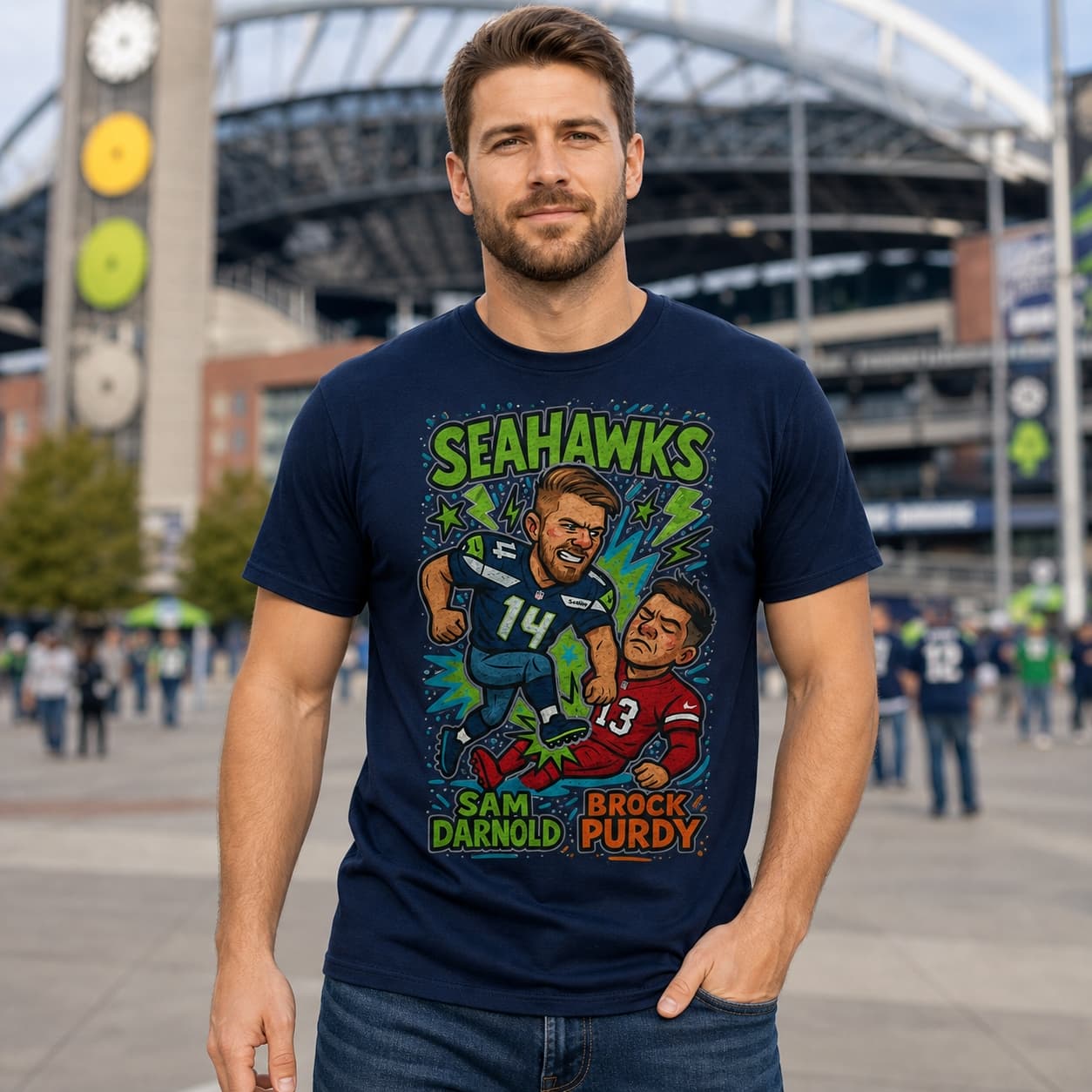 Seattle Seahawks Sam Darnold vs. San Francisco 49ers Brock Purdy Exclusive Retro Rivals Football Artwork Shirt