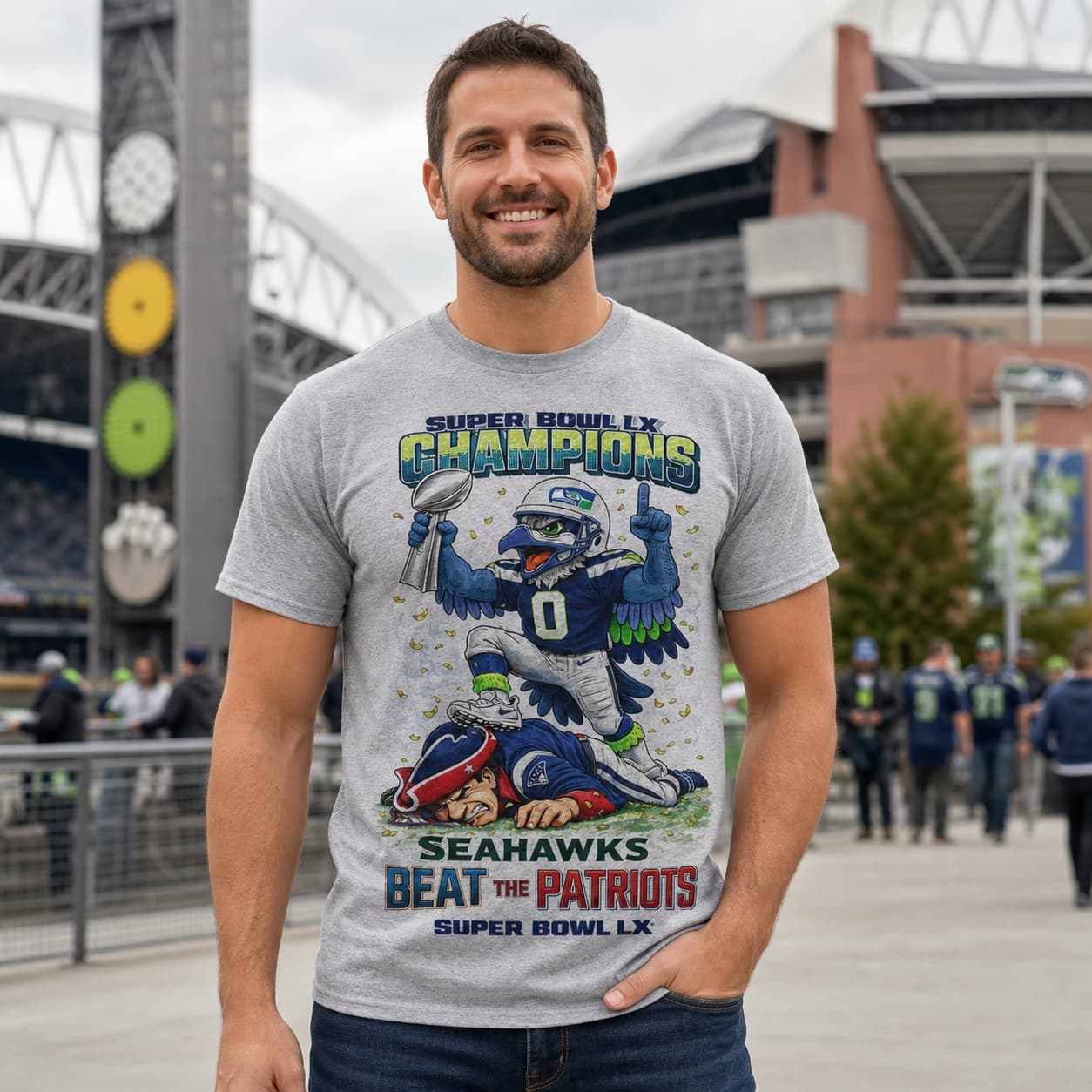 Seattle Seahawks vs. New England Patriots Super Bowl LX Champs Football T-Shirt