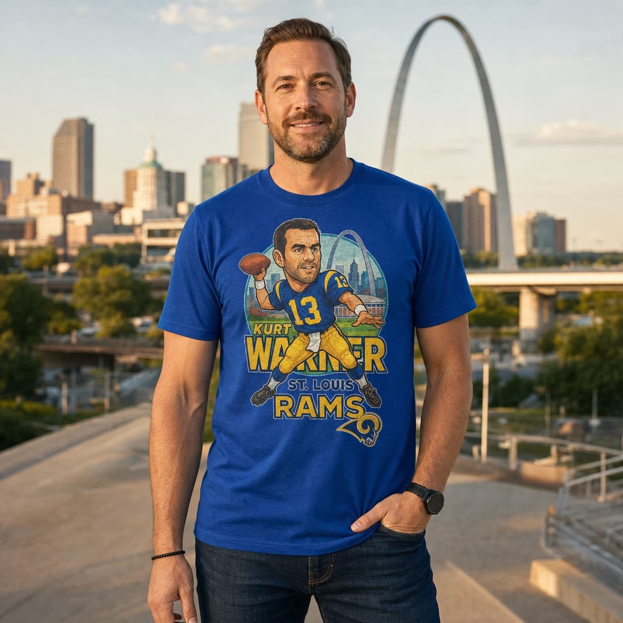 St. Louis Rams Kurt Warner Exclusive Retro Football City Artwork Shirt