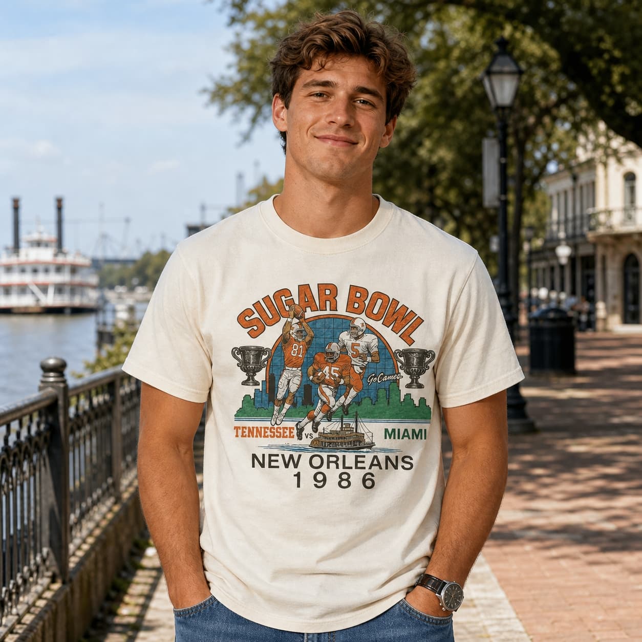 Sugar Bowl Tennessee Volunteers vs. Miami Hurricanes Retro Football 1986 Artwork Shirt
