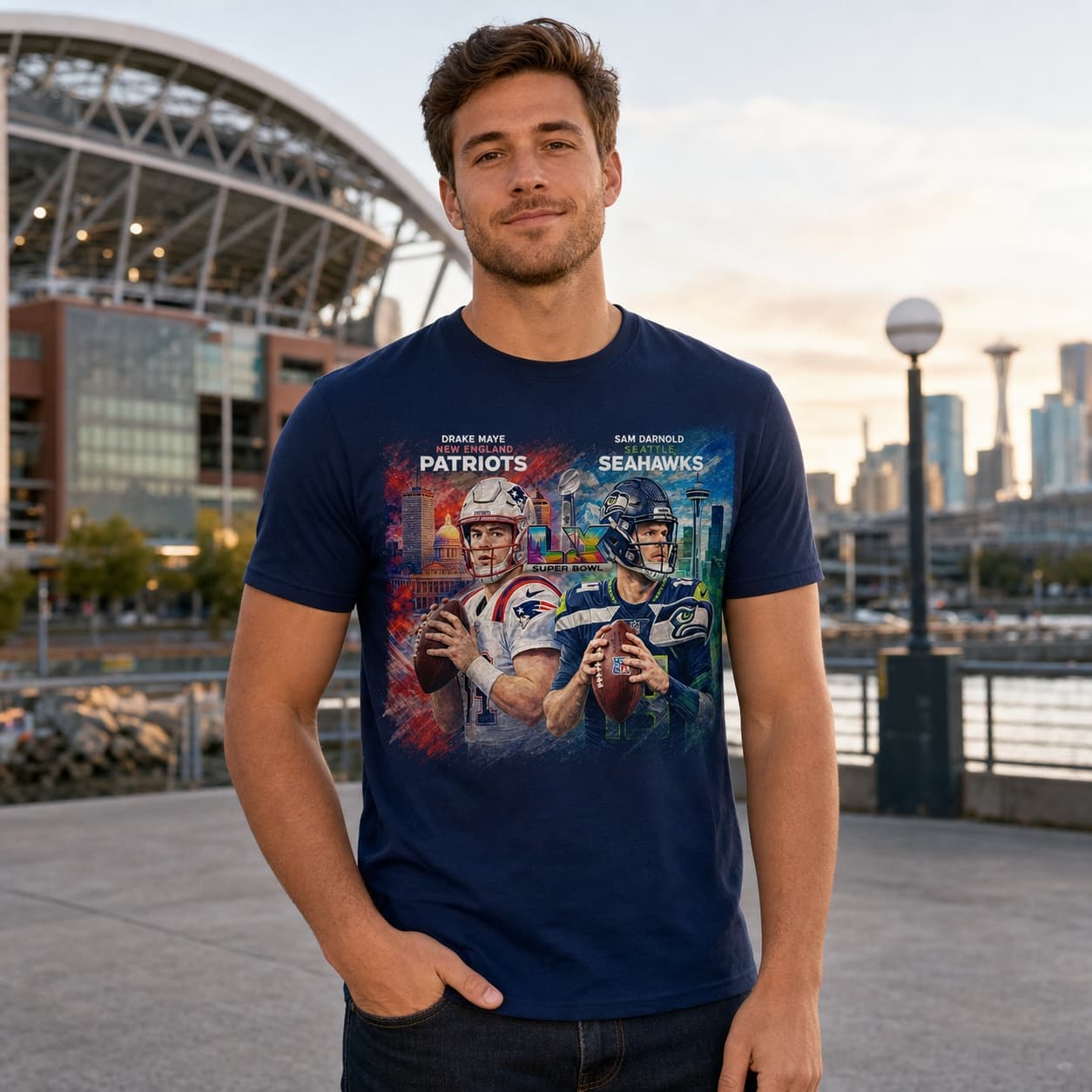 Super Bowl LX QB Rivals Patriots Drake Maye vs. Seahawks Sam Darnold Football T-Shirt