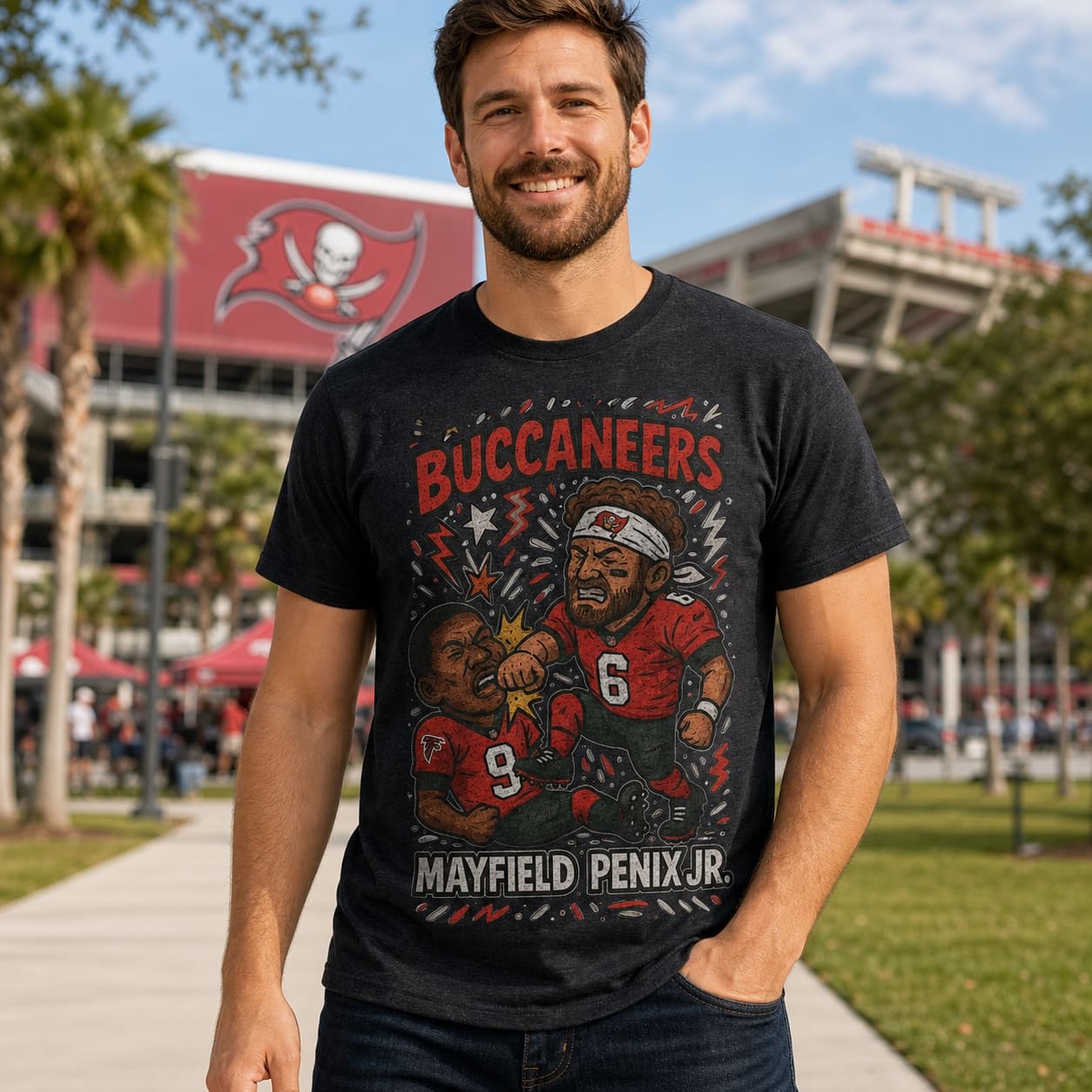 Tampa Bay Buccaneers Baker Mayfield vs. Atlanta Falcons Michael Penix Jr. Exclusive Retro Rivals Football Artwork Shirt