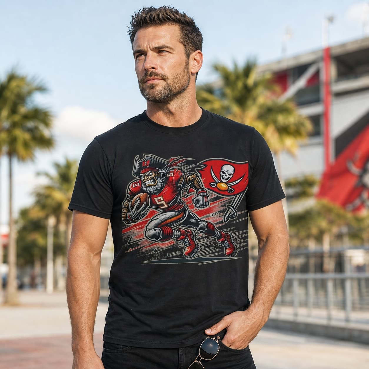 Tampa Bay Buccaneers Exclusive Retro Football Running Mascot Artwork Shirt