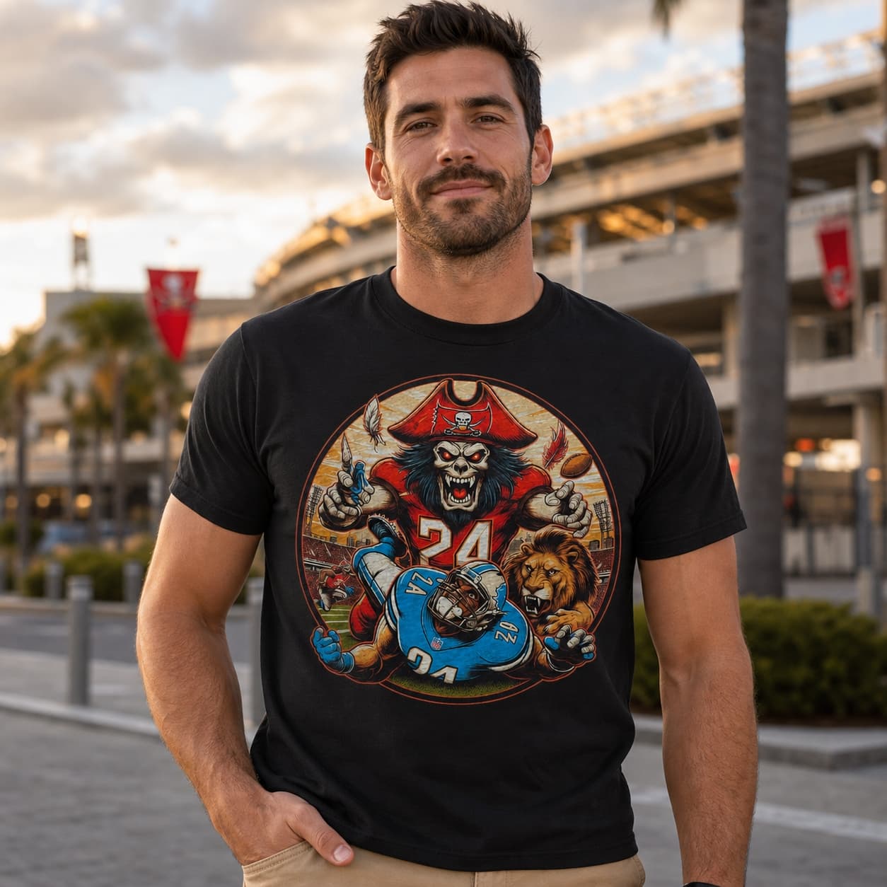Tampa Bay Buccaneers vs. Detroit Lions Retro Rivalry Football Artwork Shirt