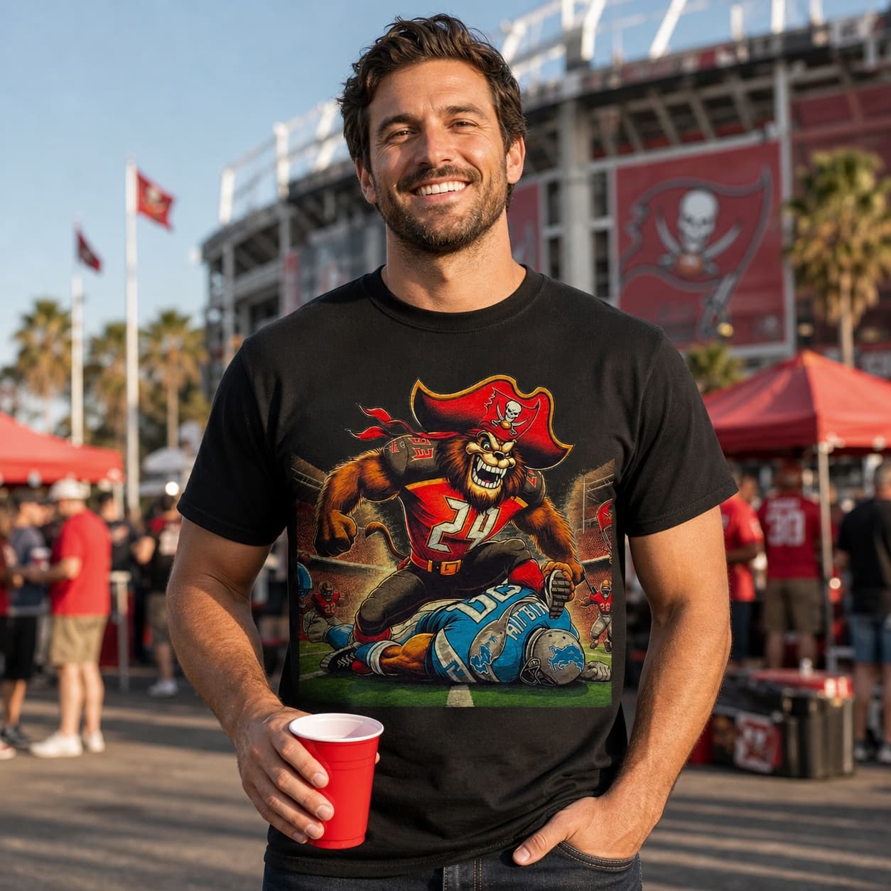 Tampa Bay Buccaneers vs. Detroit Lions Retro Rivalry Football Mascot Artwork Shirt