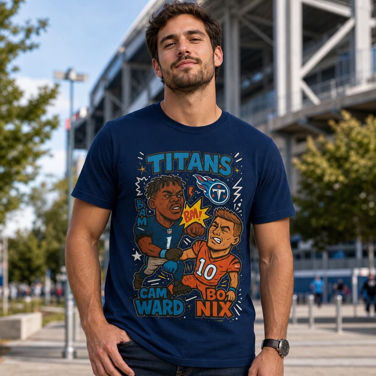 Tennessee Titans Cam Ward vs. Denver Broncos Bo NixExclusive Retro Rivals Football Artwork Shirt