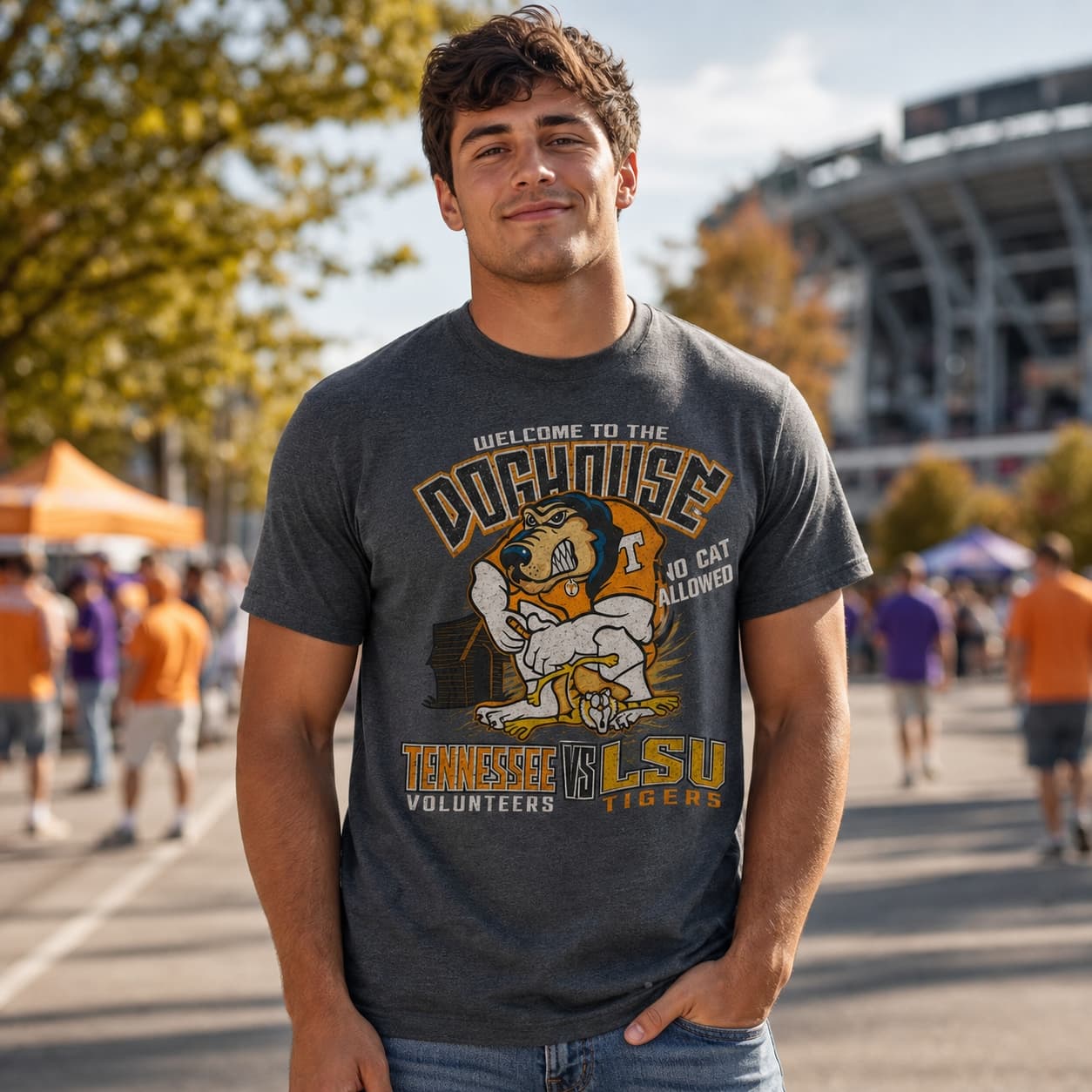 Tennessee Volunteers vs. LSU Tigers Retro Rivals Welcome To The Doghouse Football Artwork Shirt
