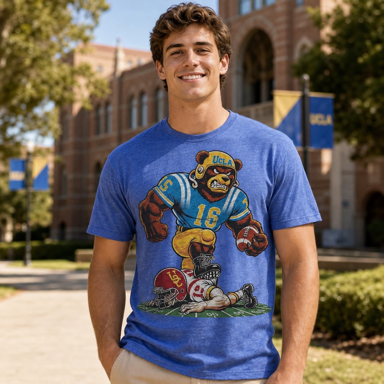 UCLA Bruins vs. USC Trojans Exclusive Retro Rivalries Football Angry Artwork Shirt