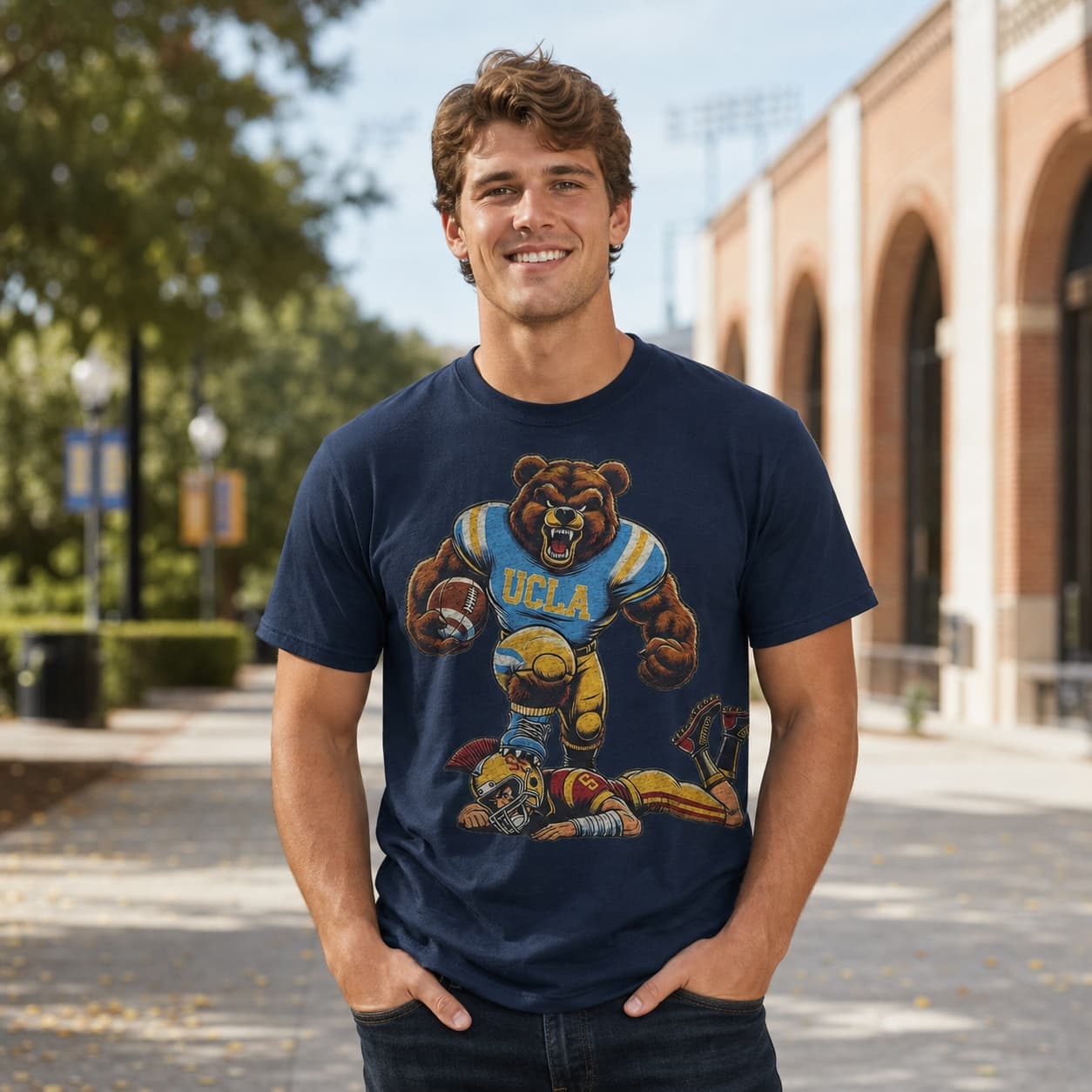 UCLA Bruins vs. USC Trojans Exclusive Retro Rivalries Football Joe Bruin Artwork Shirt