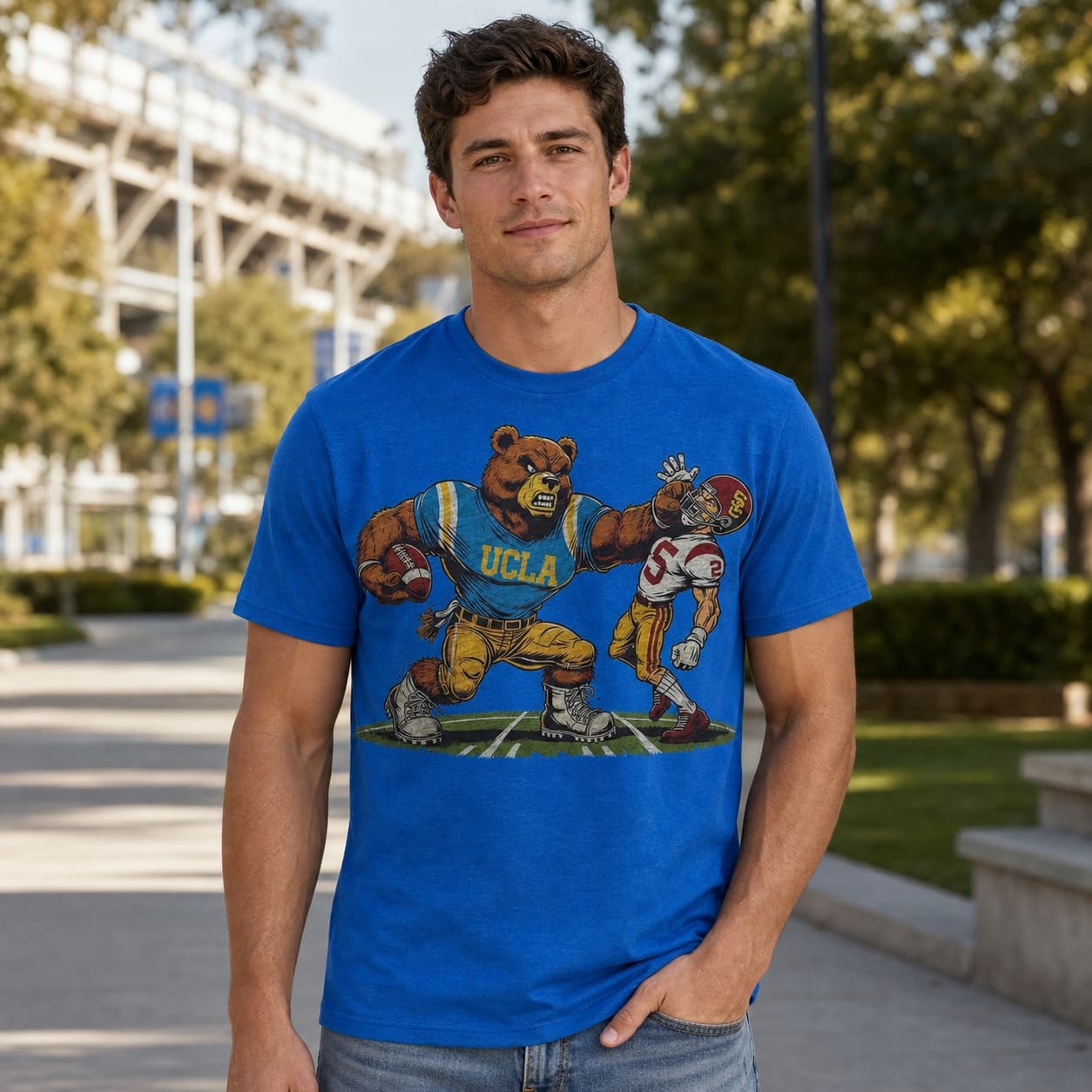 UCLA Bruins vs. USC Trojans Exclusive Retro Rivalries Football Knock Out Artwork Shirt