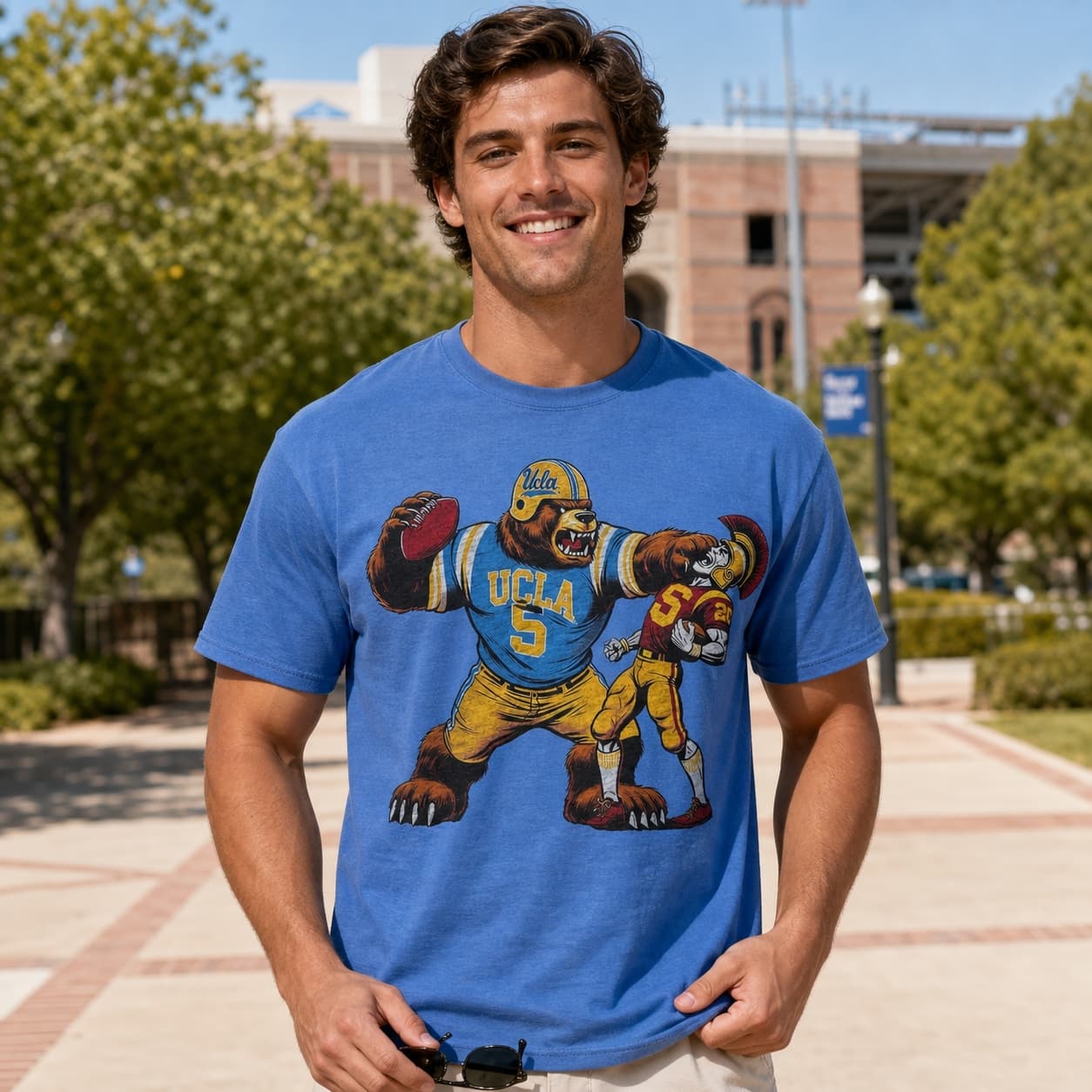 UCLA Bruins vs. USC Trojans Exclusive Retro Rivalries Football Mascot Artwork Shirt