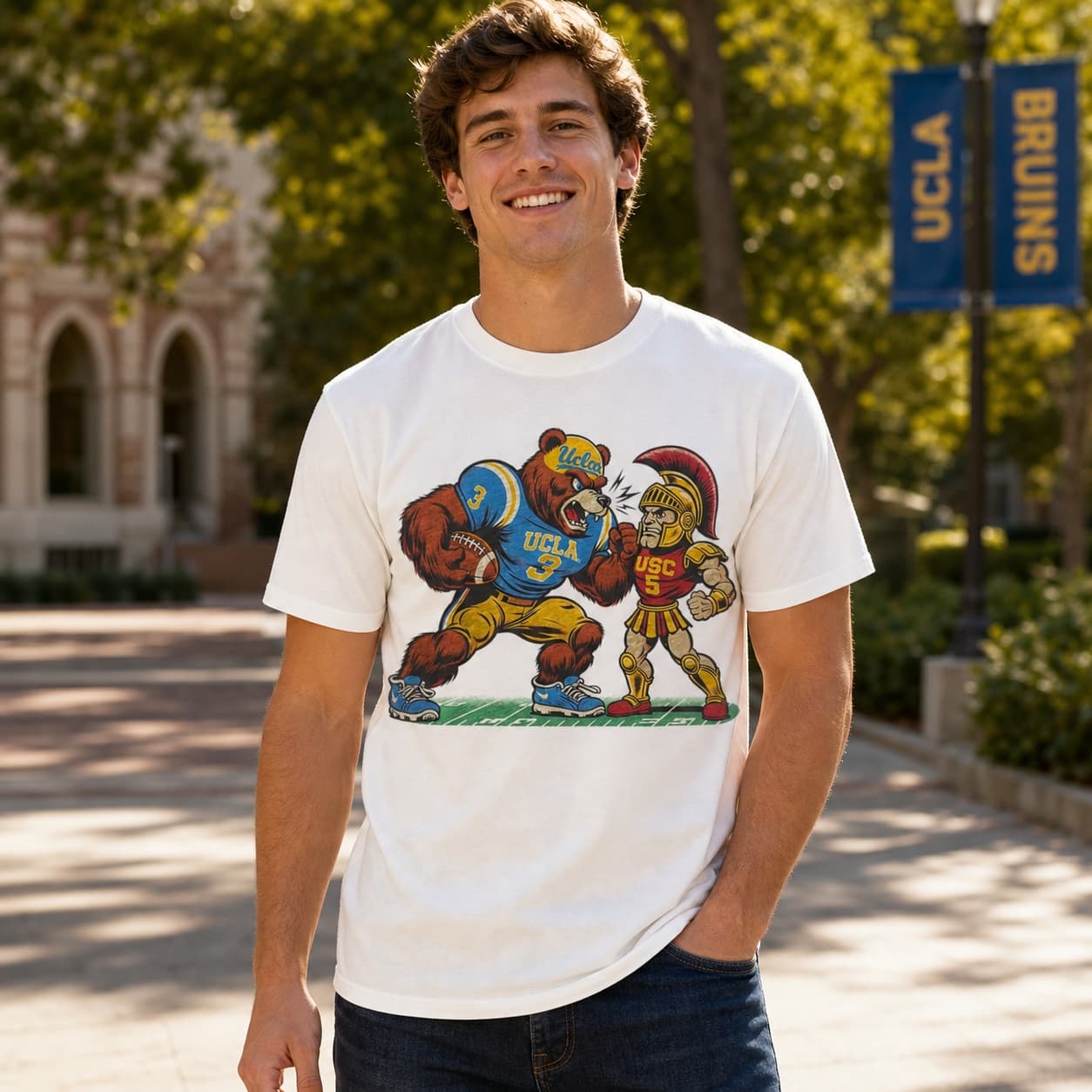 UCLA Bruins vs. USC Trojans Exclusive Retro Rivalries Football Punch Artwork Shirt