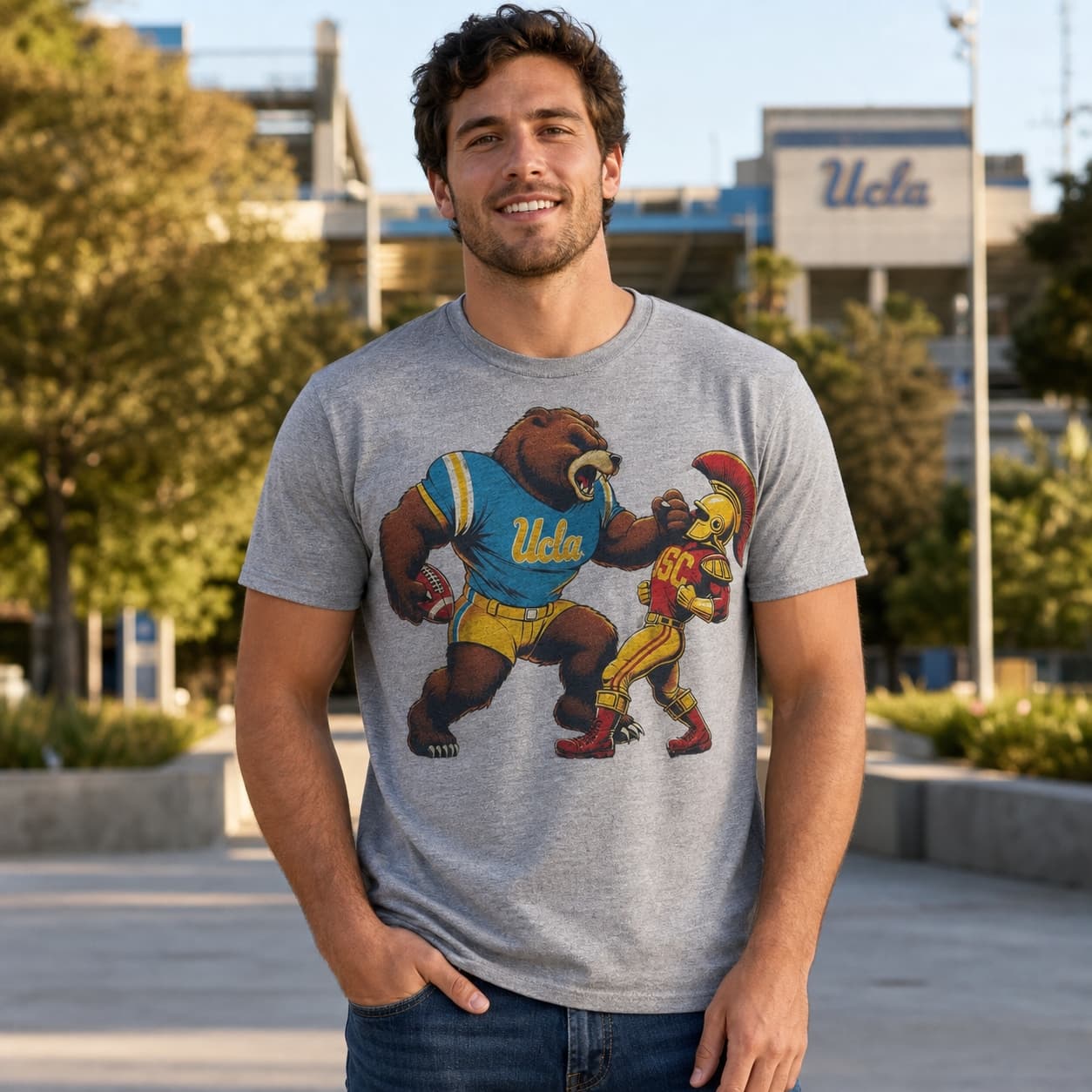 UCLA Bruins vs. USC Trojans Exclusive Retro Rivalries Football Roar Artwork Shirt