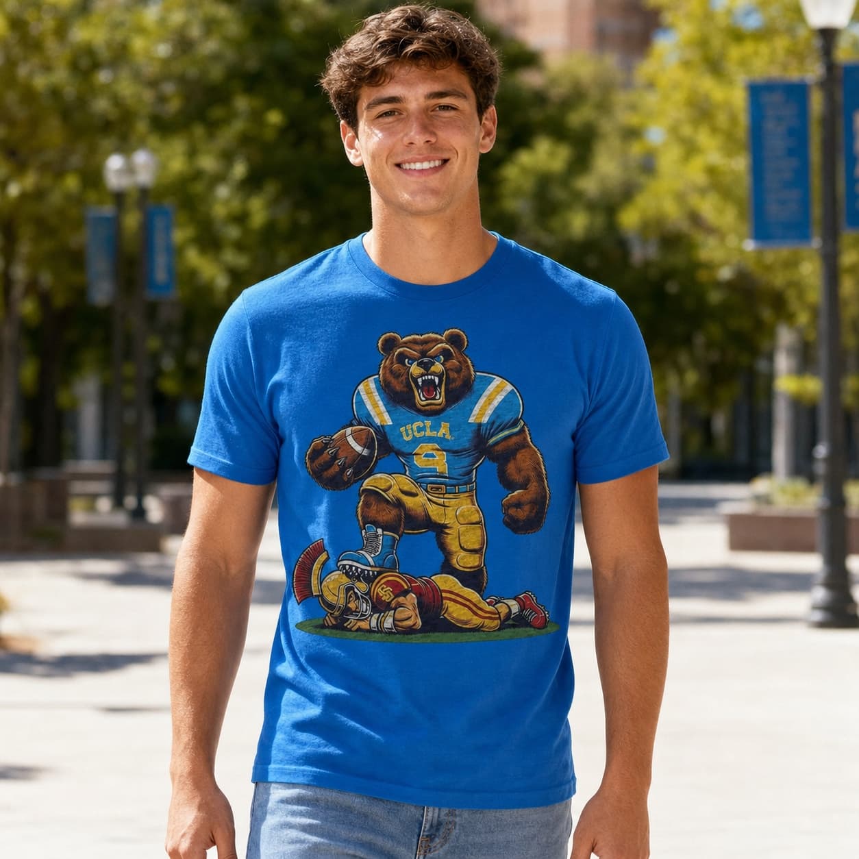 UCLA Bruins vs. USC Trojans Exclusive Retro Rivalries Football Stomp Artwork Shirt