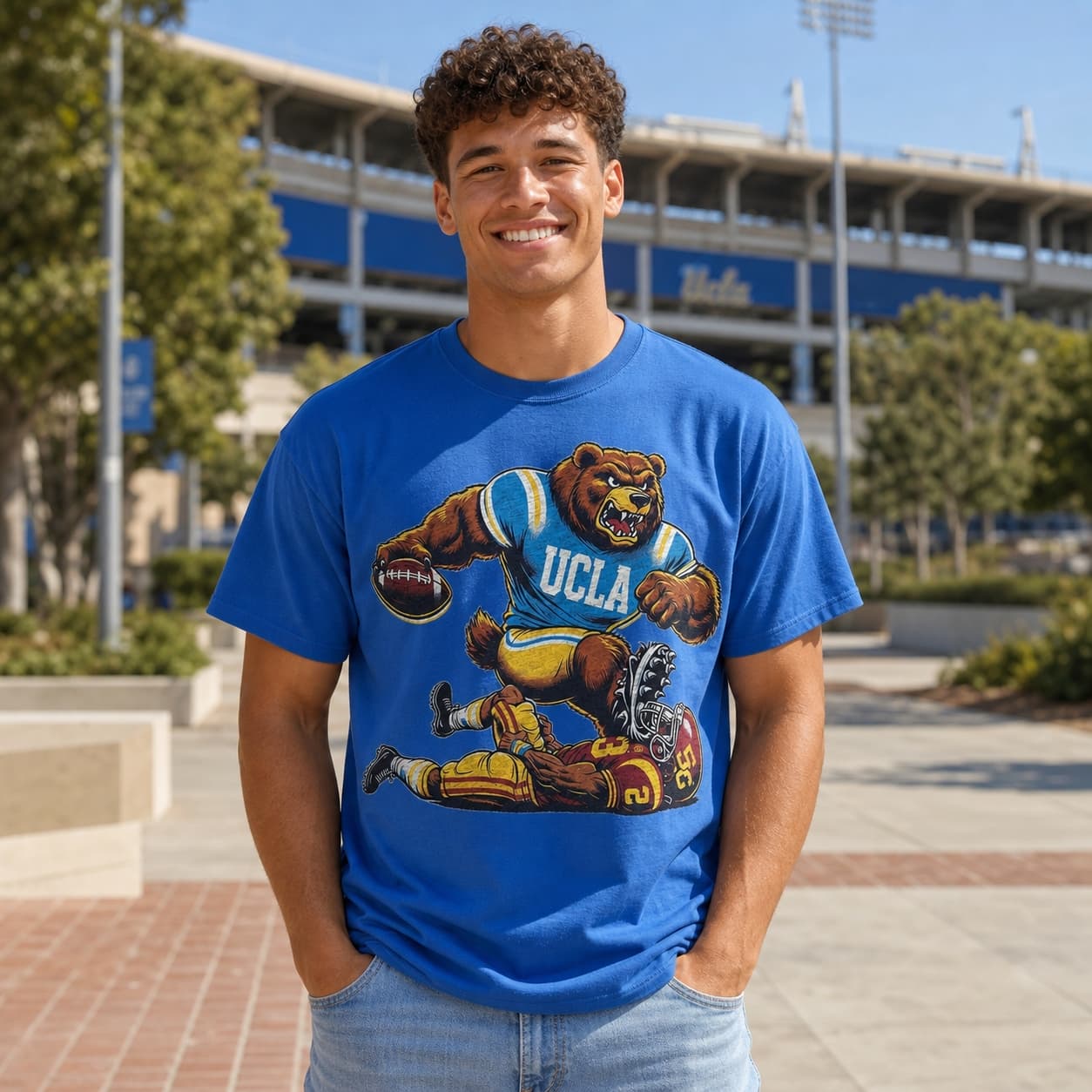UCLA Bruins vs. USC Trojans Exclusive Retro Rivalries Smash Mouth Football Artwork Shirt