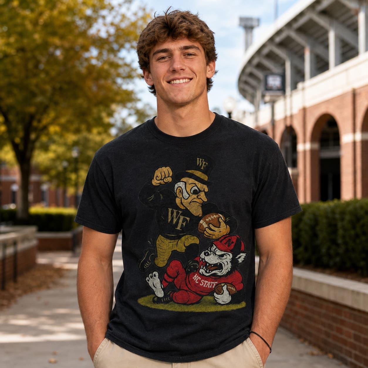 Wake Forest Demon Deacons vs. NC State Wolfpack Exclusive Retro Rivals Football Artwork Shirt