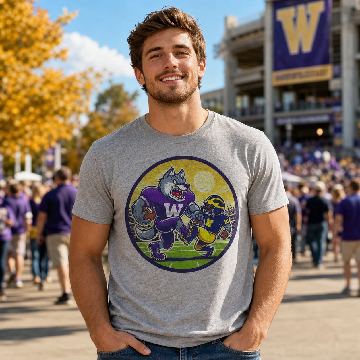 Washington Huskies vs. Michigan Wolverines Retro Rivalry Football Artwork Shirt