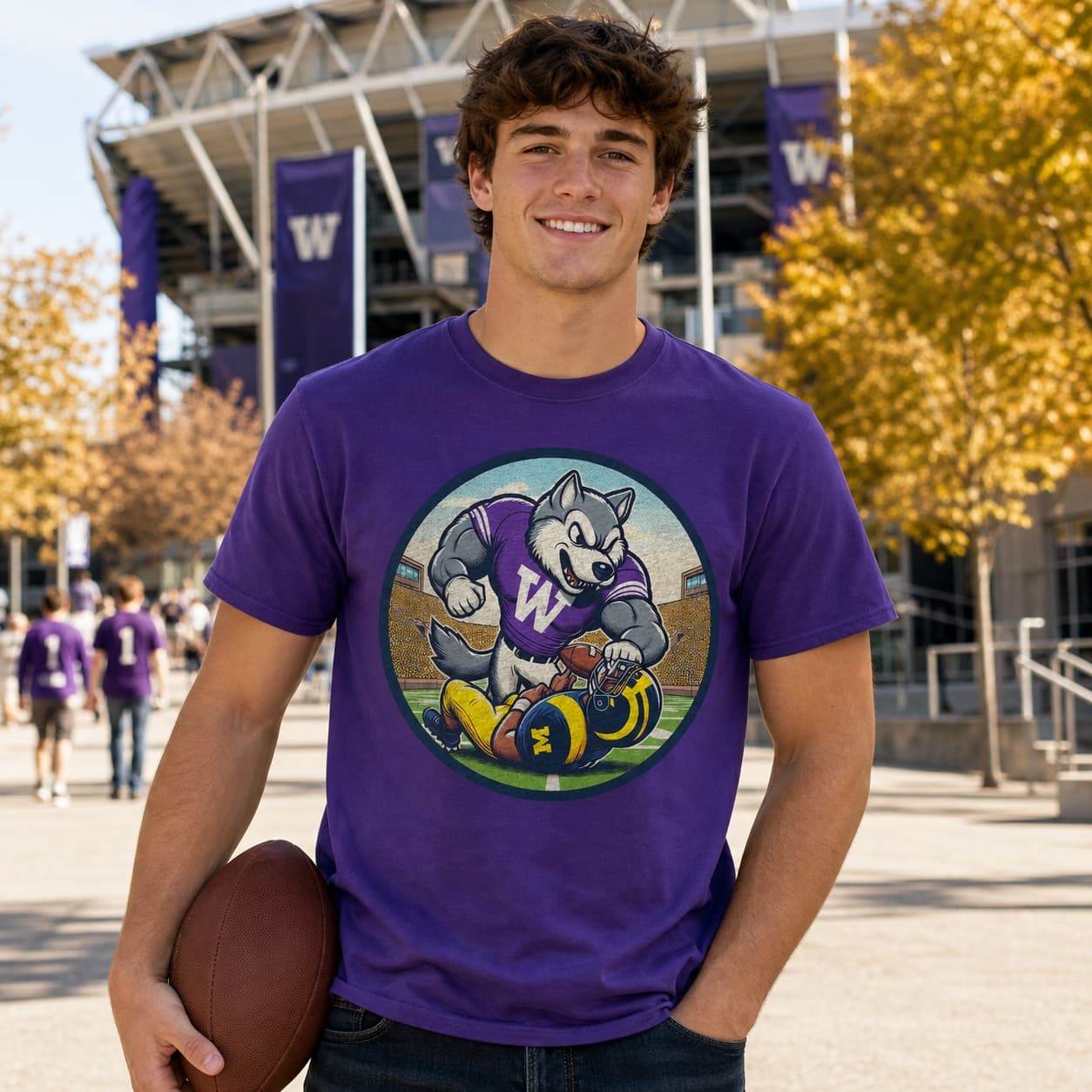 Washington Huskies vs. Michigan Wolverines Retro Rivalry Football Fight Mascot Artwork Shirt
