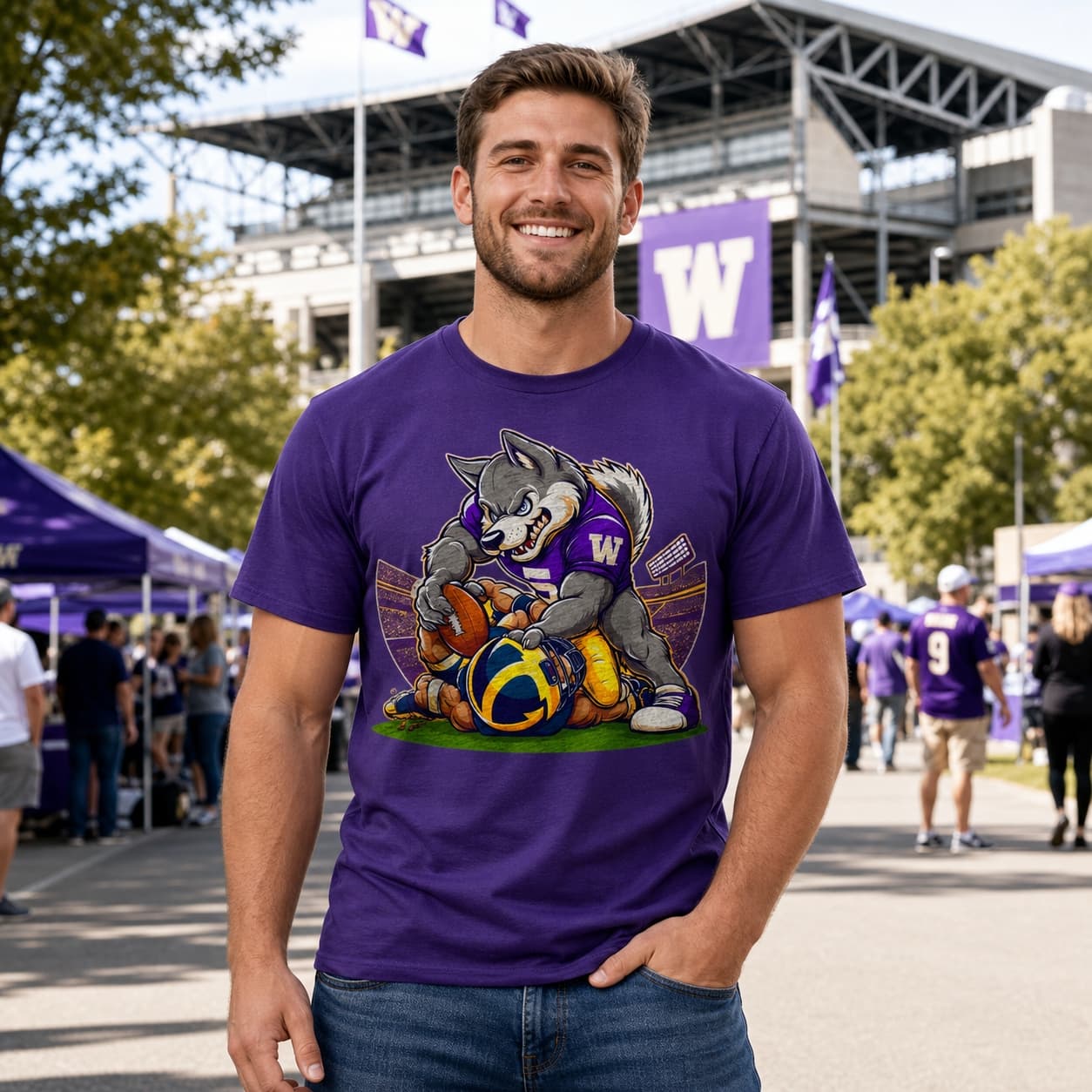 Washington Huskies vs. Michigan Wolverines Retro Rivalry Football Mascot Artwork Shirt