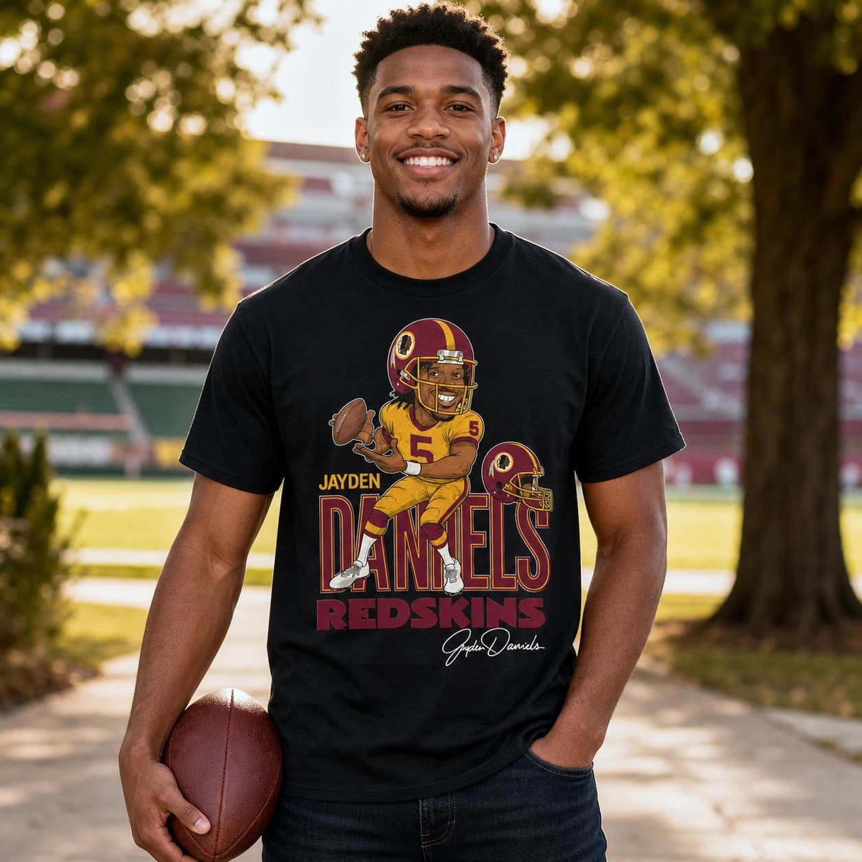 Washington Redskins Jayden Daniels Exclusive Retro Football Caricature Artwork Shirt