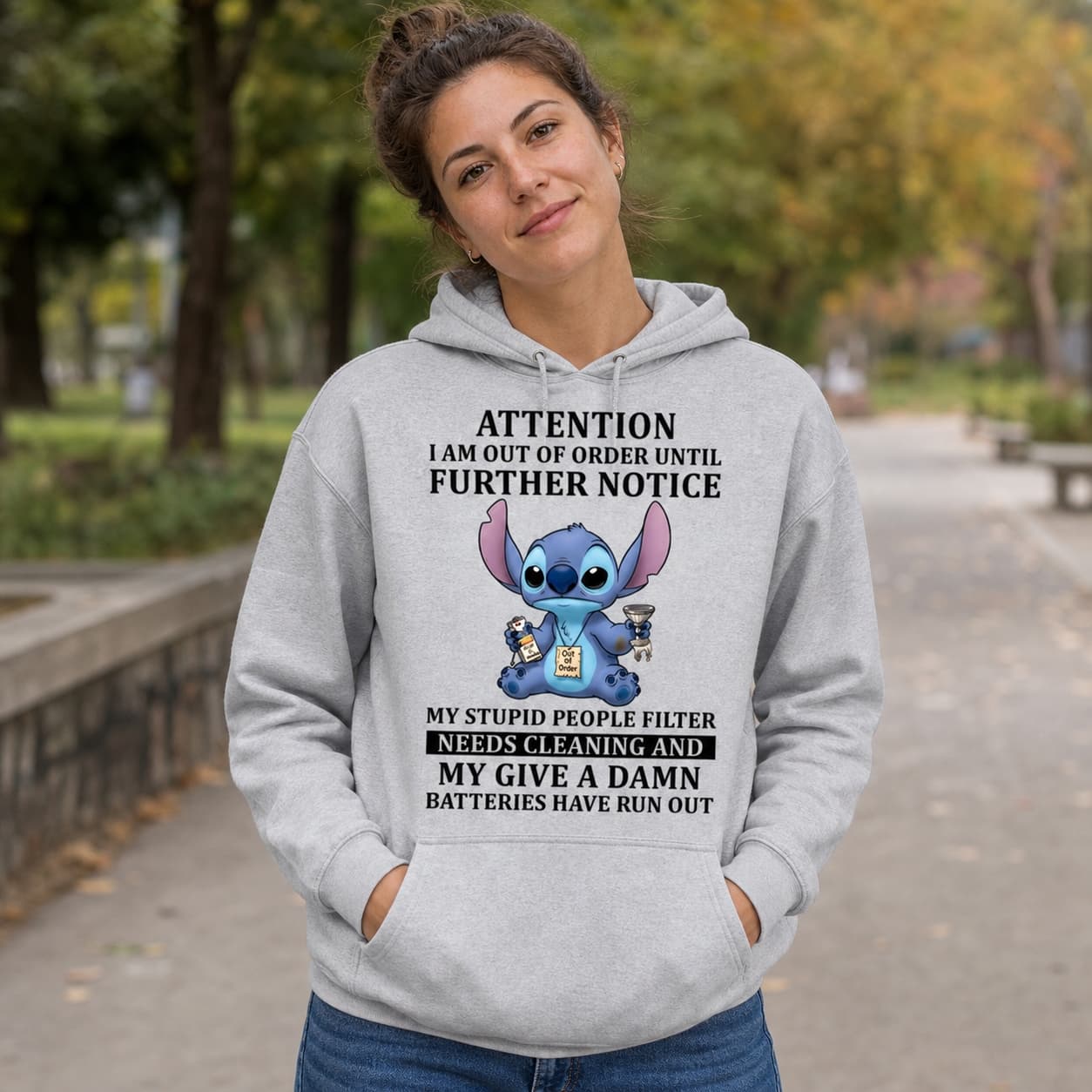 Attention I Am Out Of Order Until Further Notice My Stupid People Filter Needs Cleaning And My Give A Damn Batteries Have Run Out-8 Stitch Shirt