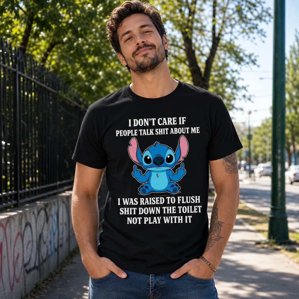 I Don’t Care If People Tałk Sh T About Me I Was Raised To Flush Sh T Down The Toilet Not Play With It Stitch Shirt