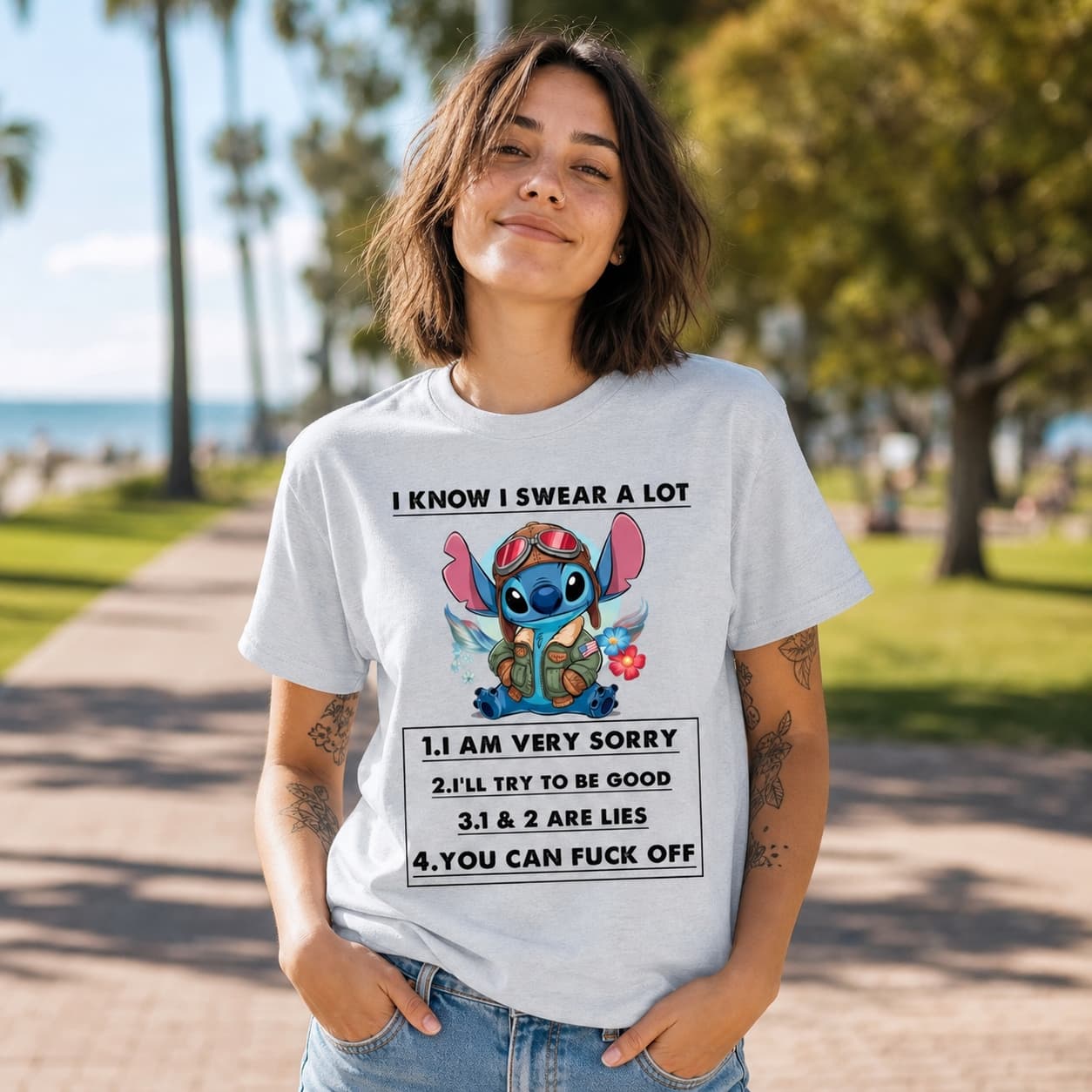I Know I Swear A Lot 1. I am very sorry 2. I’ll try to be good 3.1 & 2 are lies 4. You can f ck off-3 Stitch Shirt
