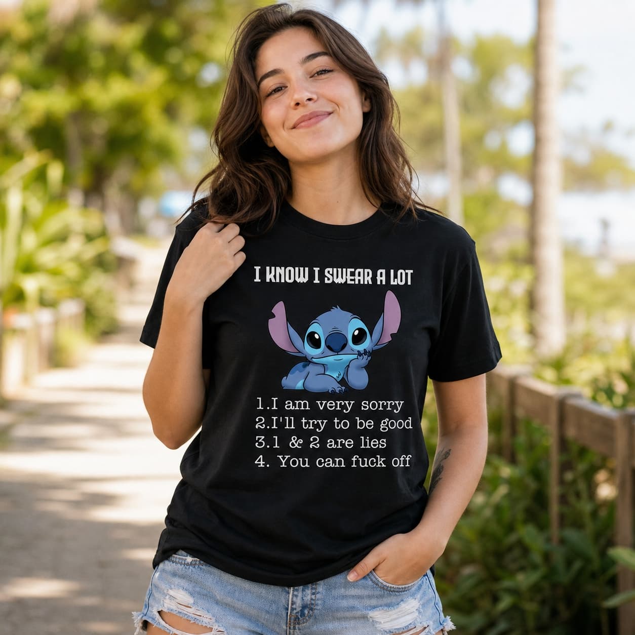 I Know I Swear A Lot 1.I am very sorry 2.I’ll try to be good 3.1 & 2 are lies 4. You can fuck off Stitch Shirt