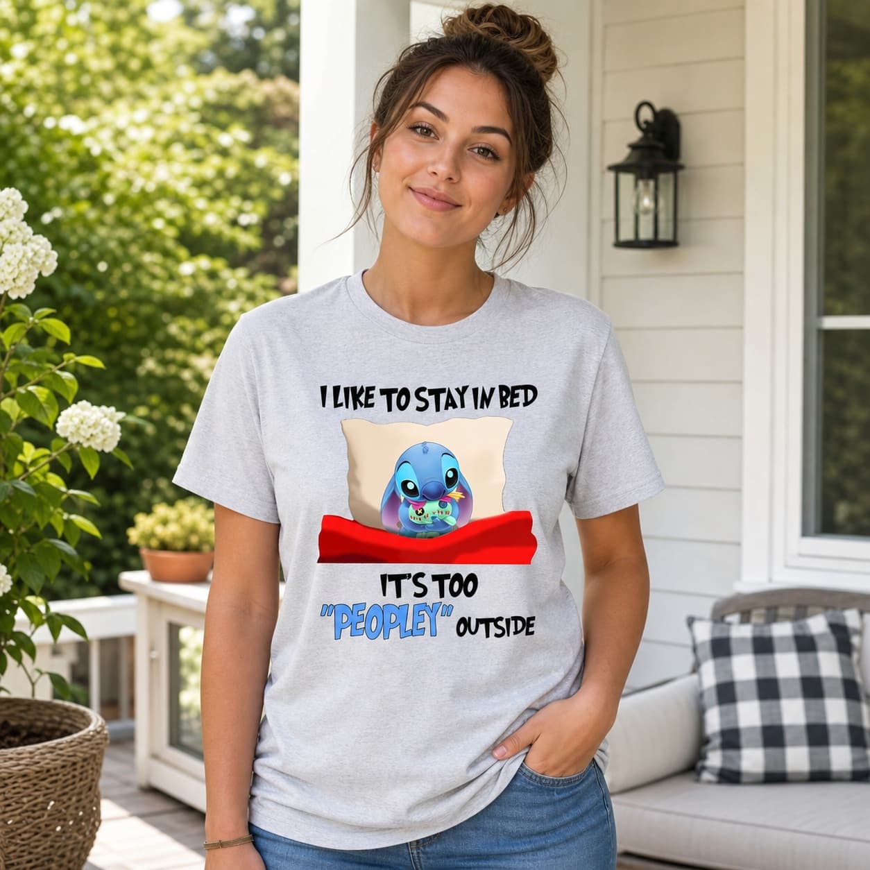 I Like To Stay In Bed Its Too Peopley Outside Stitch Shirt