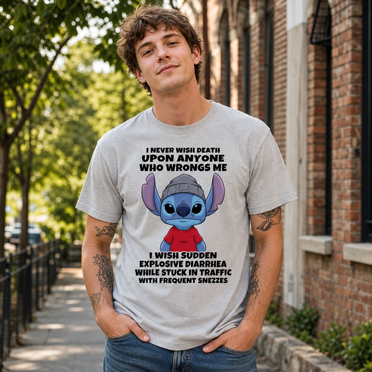I Never Wish Death Upon Anyone Who Wrongs Me. I Mish Sudden Explosive Diarrhea While Stuck In Traffic With Frequent Sneezes Stitch Shirt