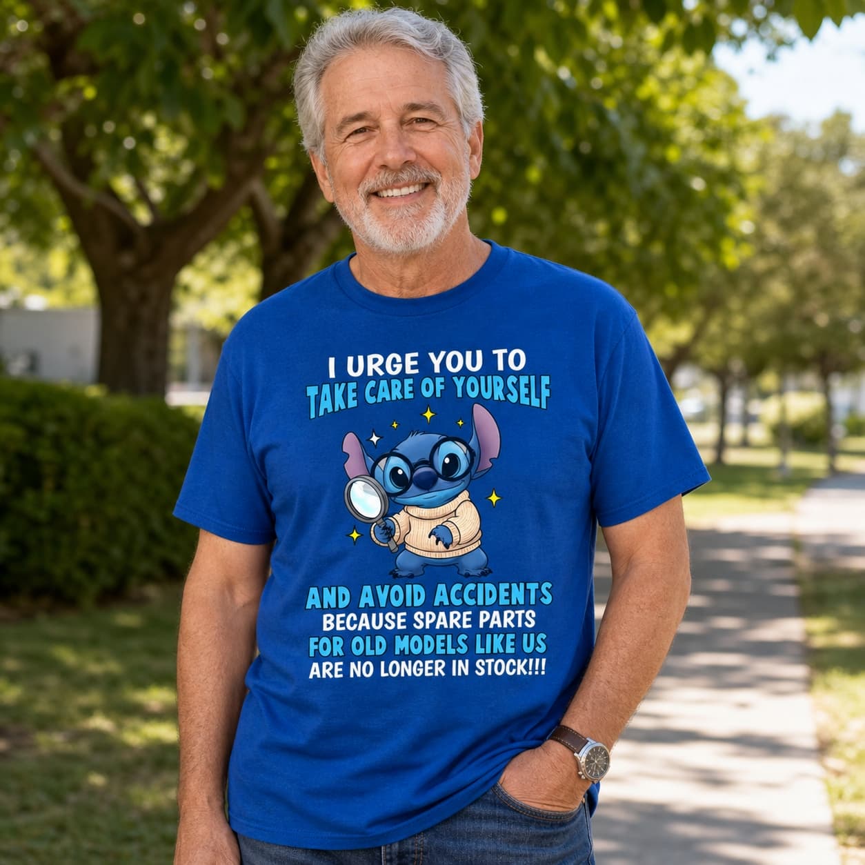 I Urge You To Take Care Of Yourself And Avoid Accidents. Because Spare Parts For Old Models Like Us Are No Longer In Stock! Stitch Shirt
