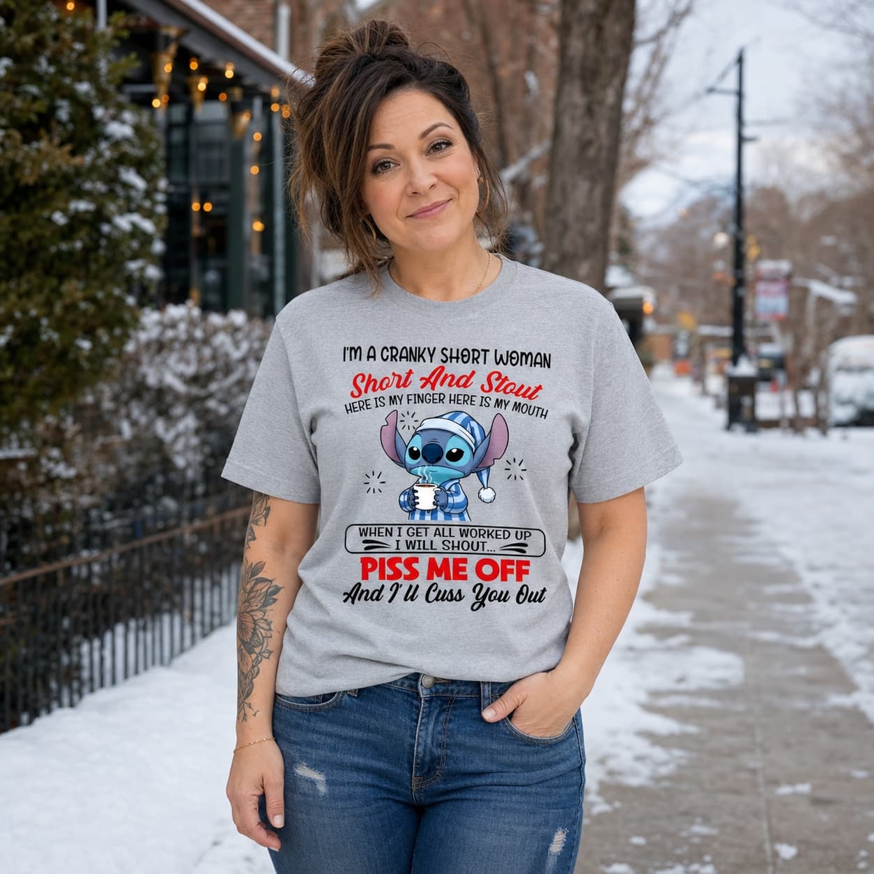 I’m A Cranky Short Woman Short And Stout Here Is My Finger Here Is My Mouth When I Get All Worked Up I Will Shout… Piss Me Off And I’ll Cuss You Out Stitch Shirt