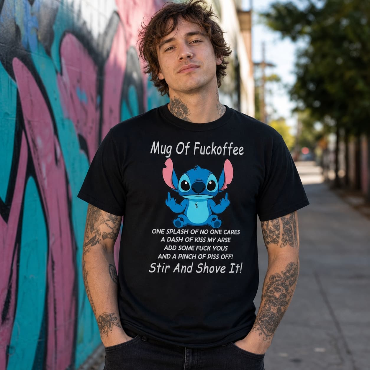 Mug Of Fuckoffee One Splash Of No One Cares A Dash Of Kiss My Arse Add Some Fuck Yous And A Pinch Of Piss Off! Stir And Shove It!! Stitch Shirt