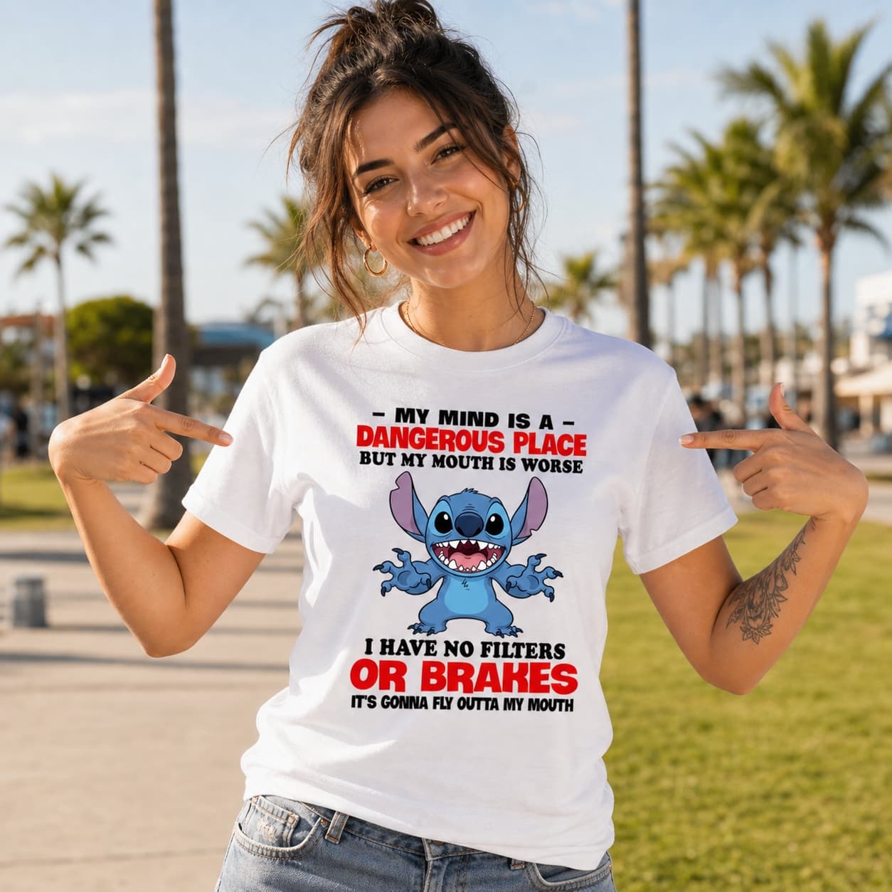 My Mind Is A Dangerous Place But My Mouth Is Worse I Have No Filters Or Brakes If It Hits My Brain It’s Gonna Fly Outta My Mouth-4 Stitch Shirt