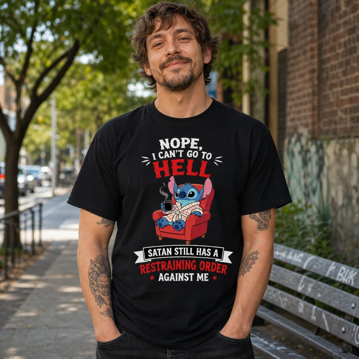 Nope I Can’t Go To Hell Satan Still Has A Restraining Order Against Me-12 Stitch Shirt