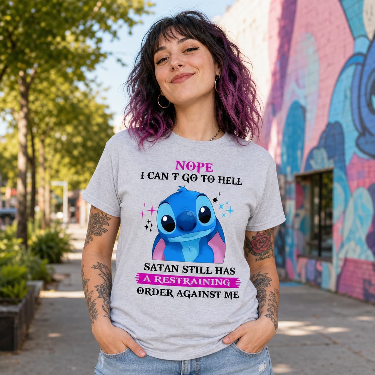 Nope I Can’t Go To Hell Satan Still Has A Restraining Order Against Me-2 Stitch Shirt