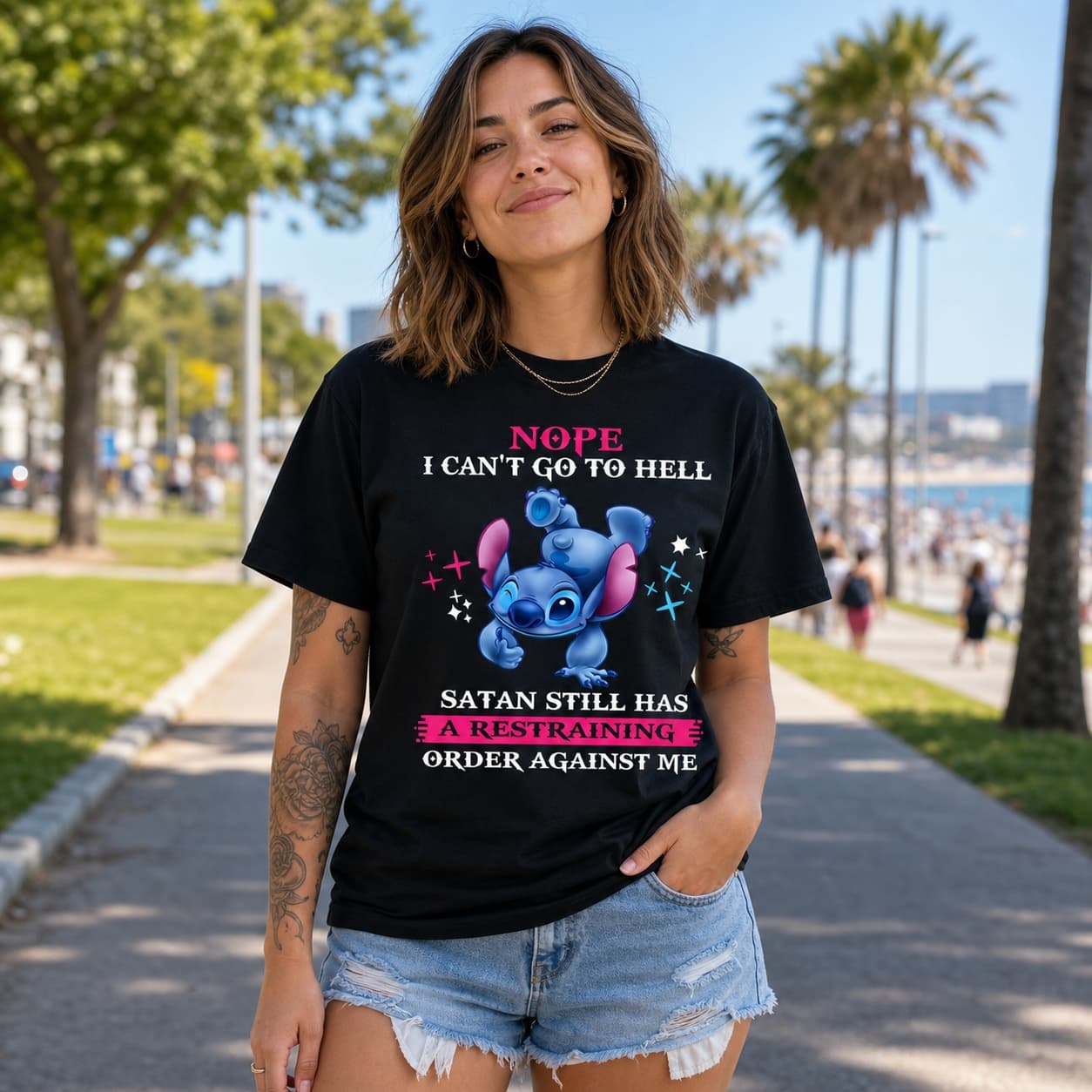Nope I Can’t Go To Hell Satan Still Has A Restraining Order Against Me-3 Stitch Shirt