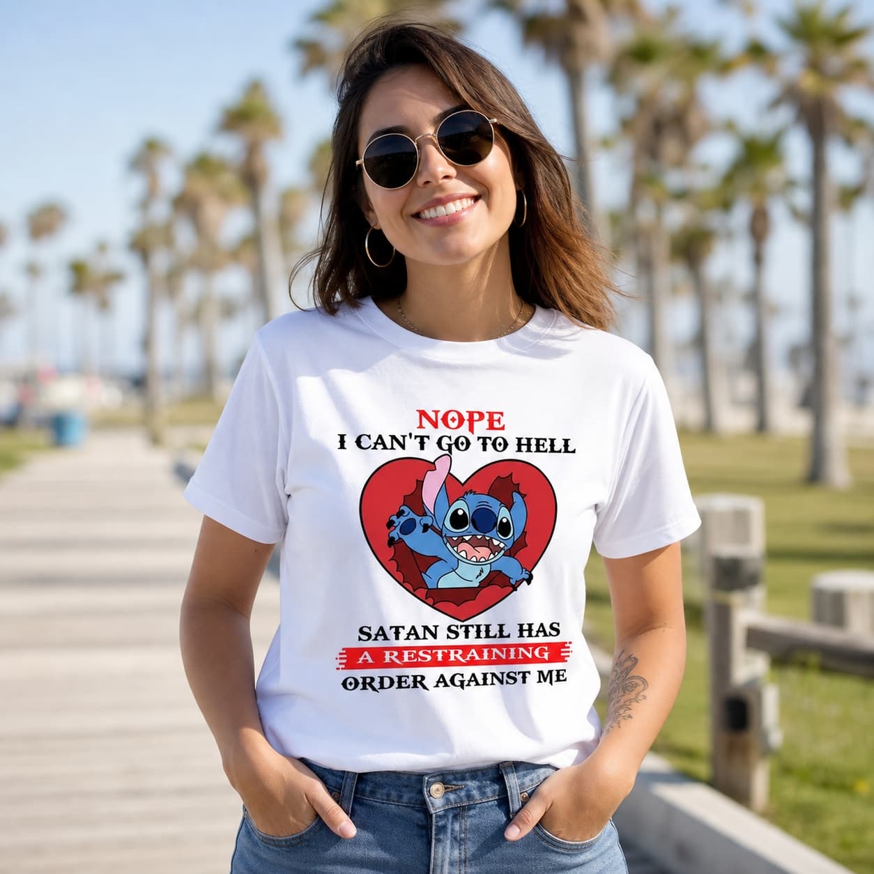 Nope I Can’t Go To Hell Satan Still Has A Restraining Order Against Me-4 Stitch Shirt