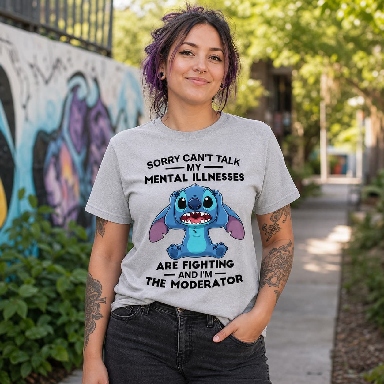 Sorry Can’t Talk My Mental Illnesses Are Fighting And I’m The Moderator Stitch Shirt